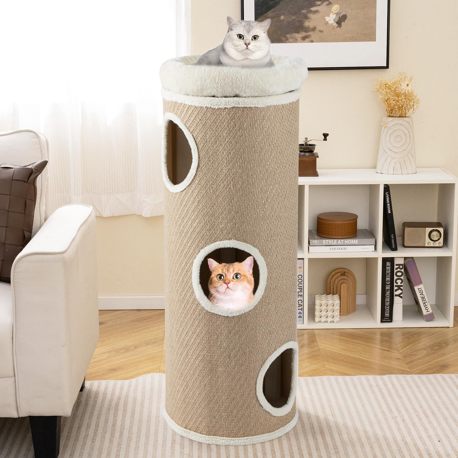 COSTWAY Barril Rascador de 4 Niveles, Poste rascador para Gatos para Múltiples Gatos con Cama de Percha Removible, Tablero Rascador de Sisal, Estera de Bambú para Gato de Interior (De Yute)
