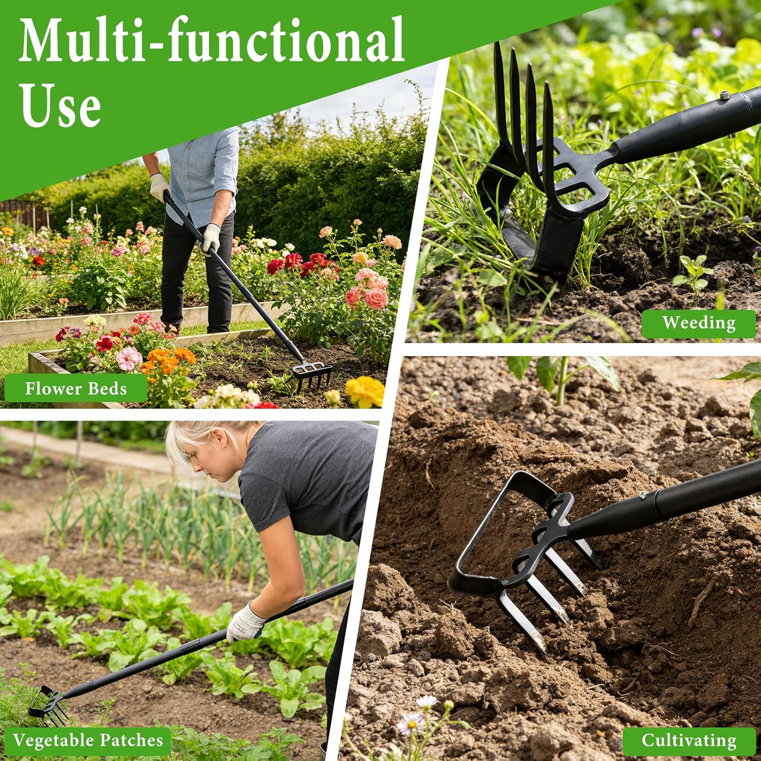 Garden Hoe, Heavy Duty Hula Hoe Garden Tool for Weeding, Adjustable Handle 37-82 Inch Cultivator Stirrup Hoe, Action Scuffle Loop Hoe with Rake 2-in-1 Gardening Tool