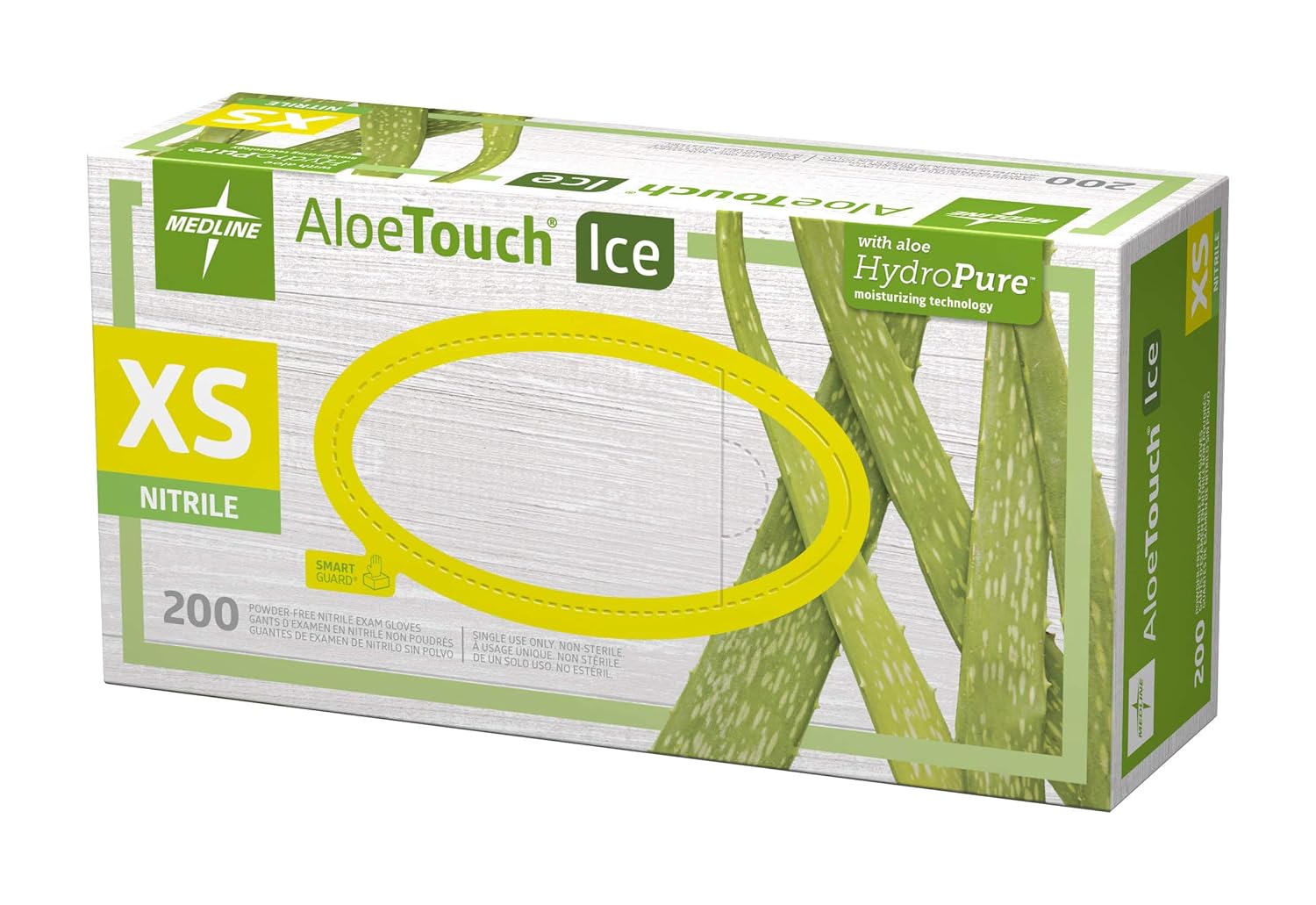 Medline Aloetouch Ice Nitrile Exam Gloves, Powder-Free, Latex-Free, 9.5" Length, XS, Green, 200 Count (Pack of 10)