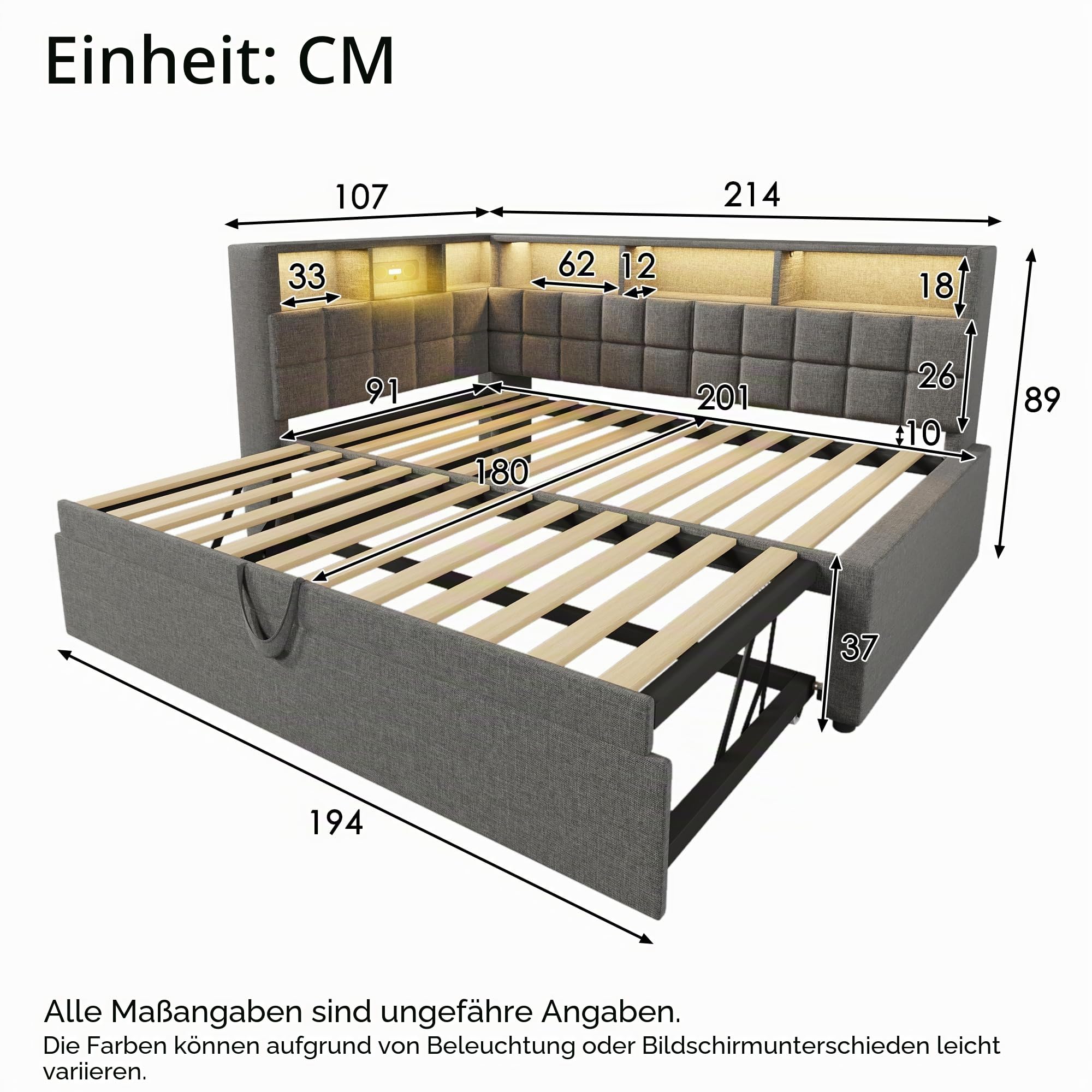 Kebnor Leinen Polsterbett 90x200 mit Ausziehbett 90x190, LED, Bluetooth-Lautsprecher, USB & Type-C Ladeanschluss, L-Kopfteil mit Stauraumregal, Schlafsofa/Gästebett, ohne Matratze (Grau)
