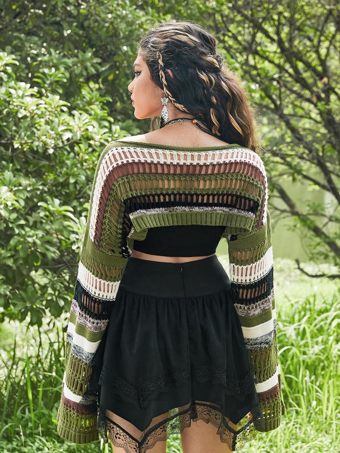 SHENHE Women's Crochet Shrugs Striped Long Bell Sleeve Baggy Knit Sweater Crop Top Swim Coverup Fairy Party - Image 2