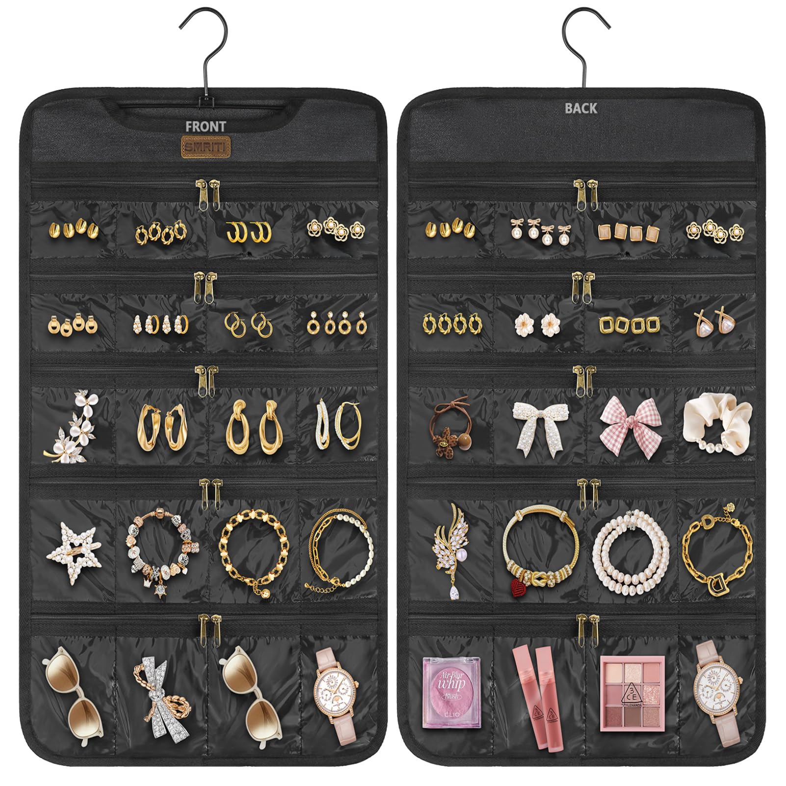 SMRITI Hanging Jewelry Organizer 40 Zippered Pocket, 2-Sided,1 Pack Black