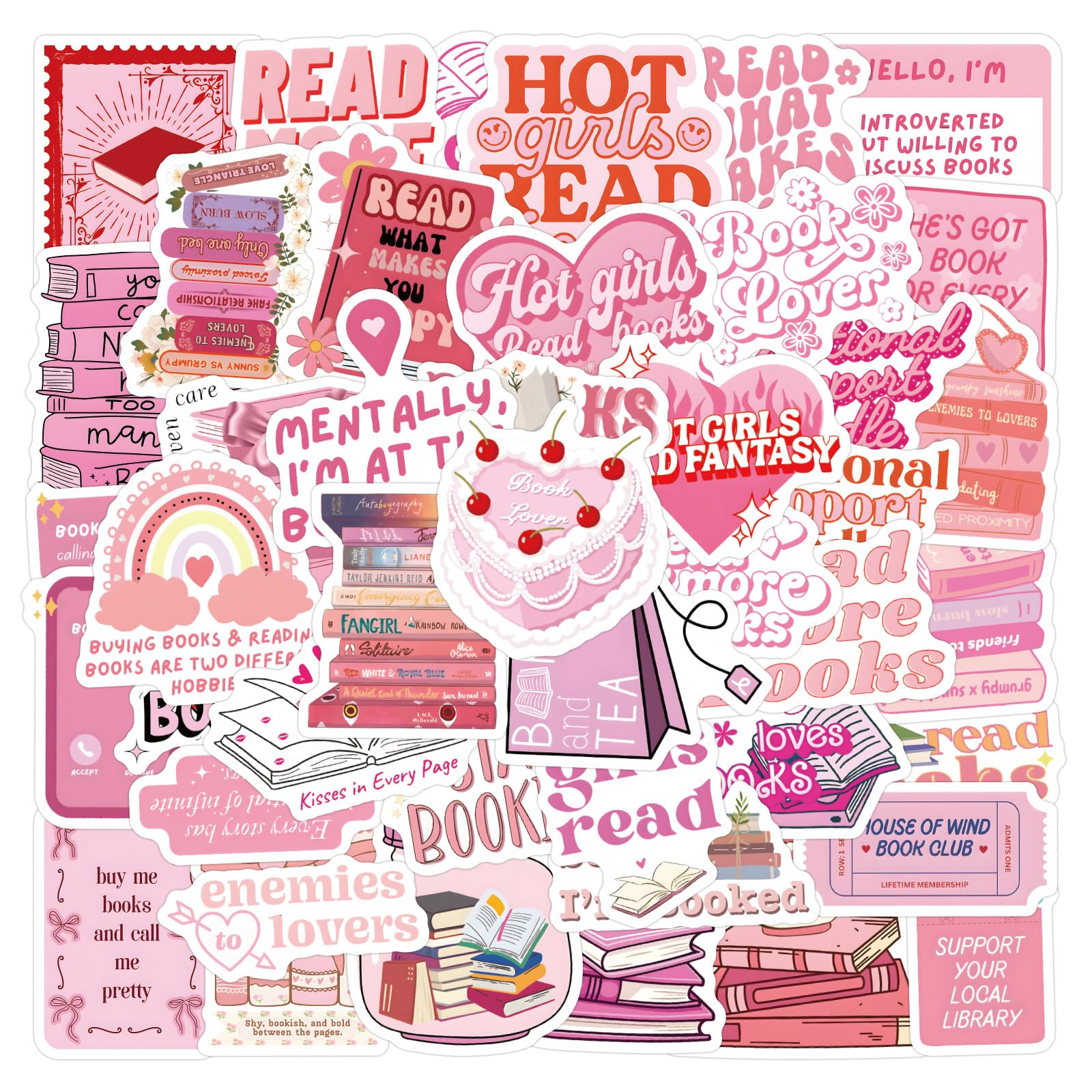 Eikecy Read Stickers for Girls Teens Adults, 60PCS Pink Book Stickers for Journaling Scrabook Water Bottles Laptop Vinyl Waterproof Stickers Cute