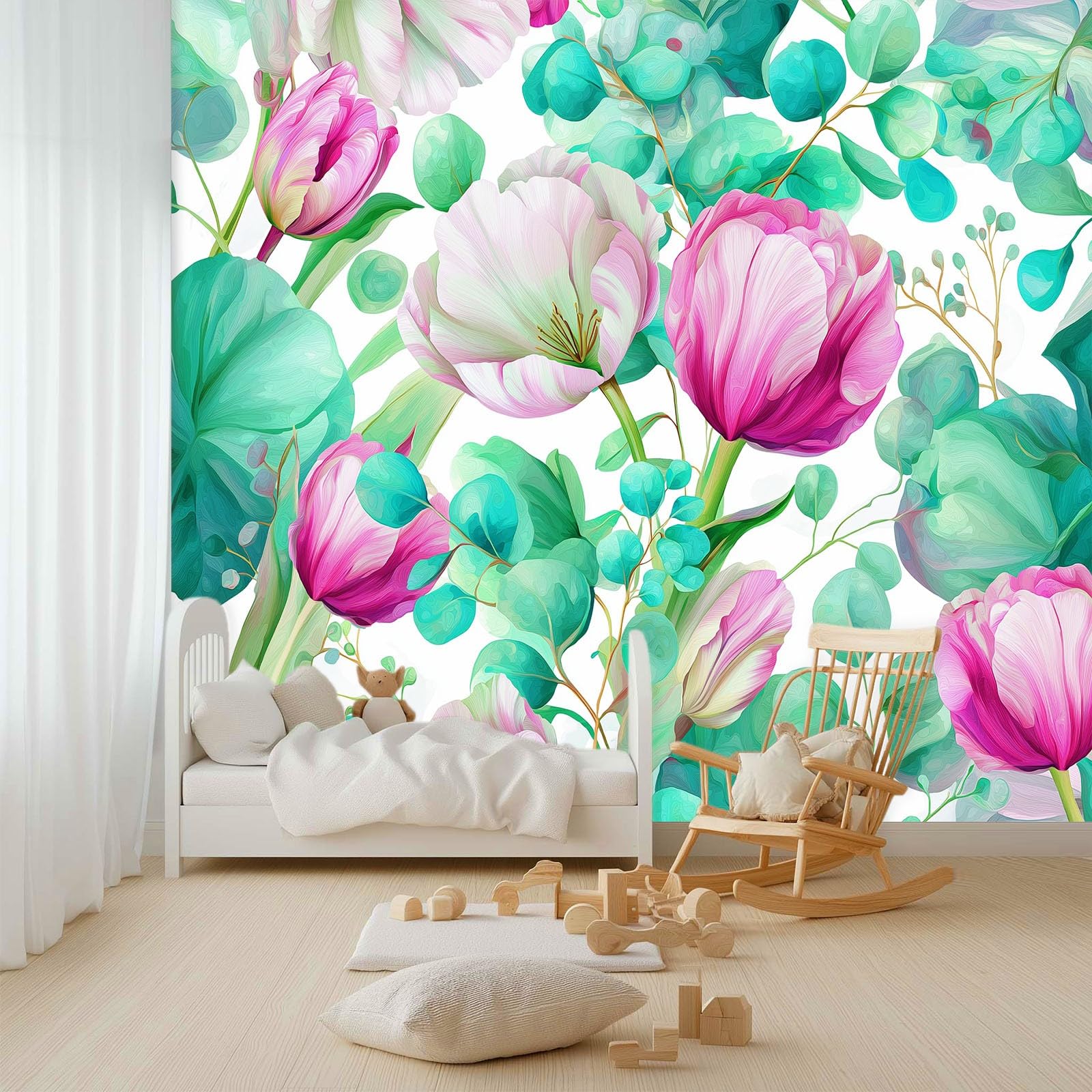 Générique Nowoczesna tapeta panoramiczna tulipan liść natura kwiat 200 x 140 cm wysokiej jakości gobelin ścienny z włókniny - dekoracja ścienna, do pokoju dziecięcego i biura zielona