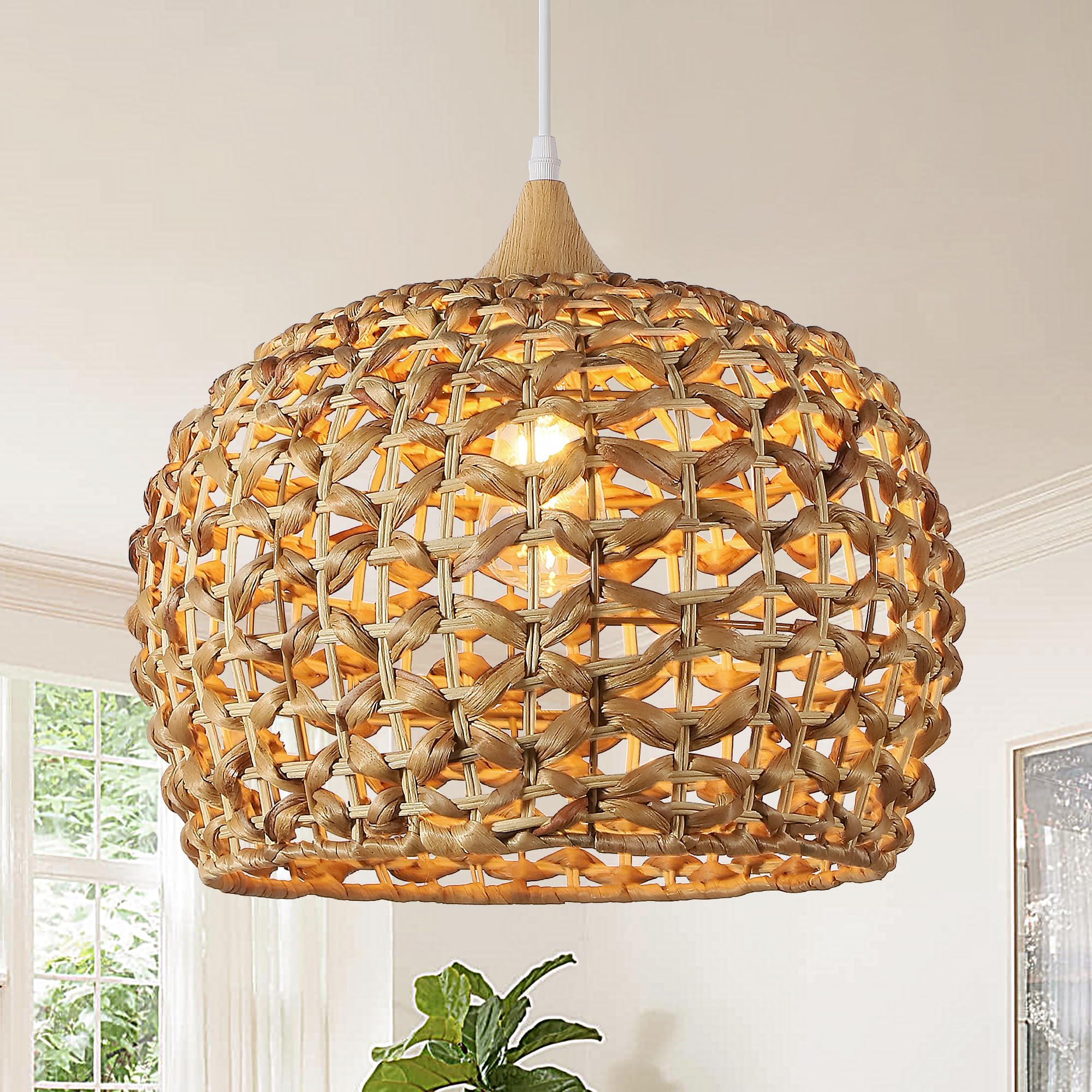 Boho Pendant Lights, 15.7" 1-Light Rattan Chandelier Hand-Wover