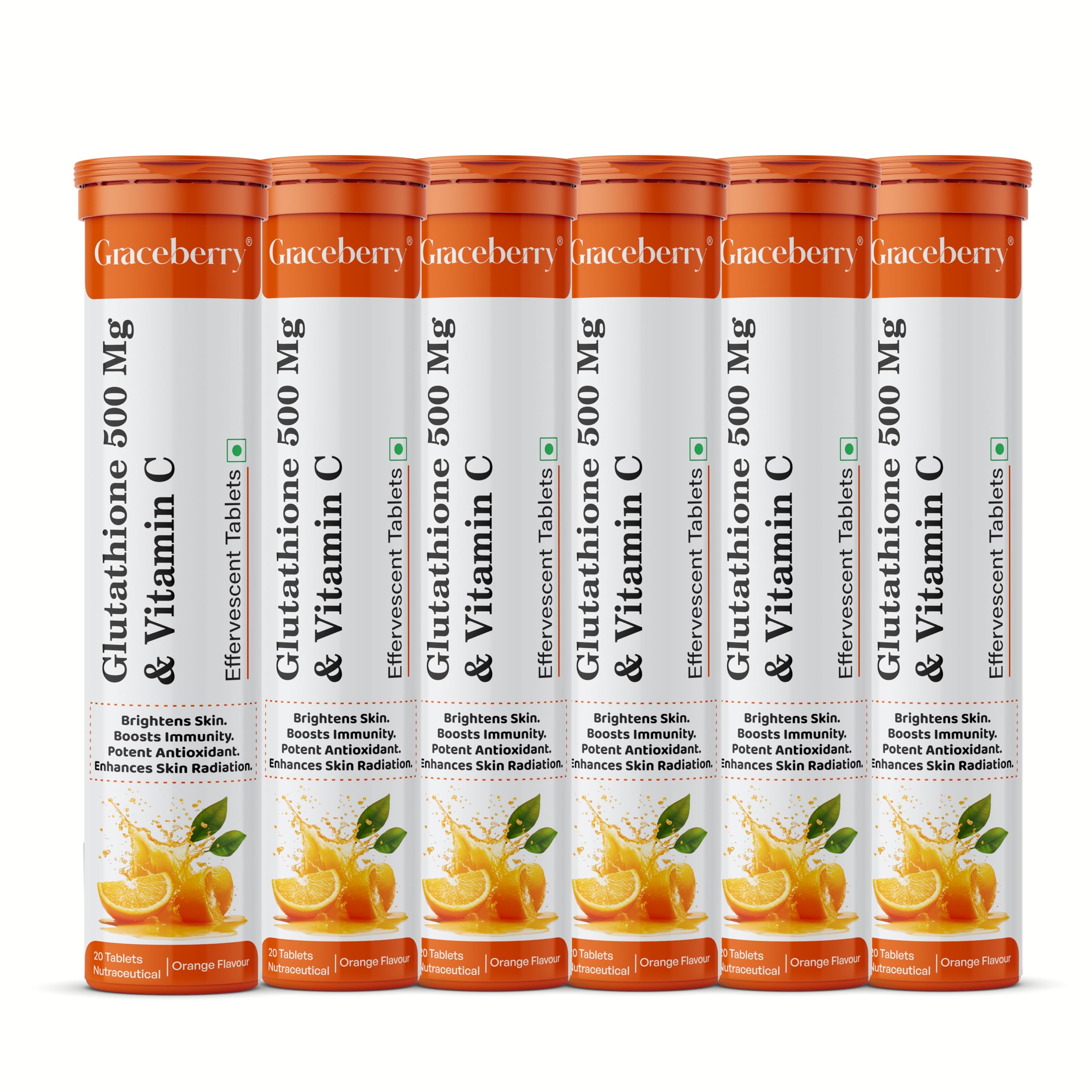 Graceberry L-Glutathione Tablets for Radiant Skin Health | 120 Effervescent Tablets with L-Glutathione & Vitamin C | Powerful Antioxidant for Skin Brightening | Orange Flavour