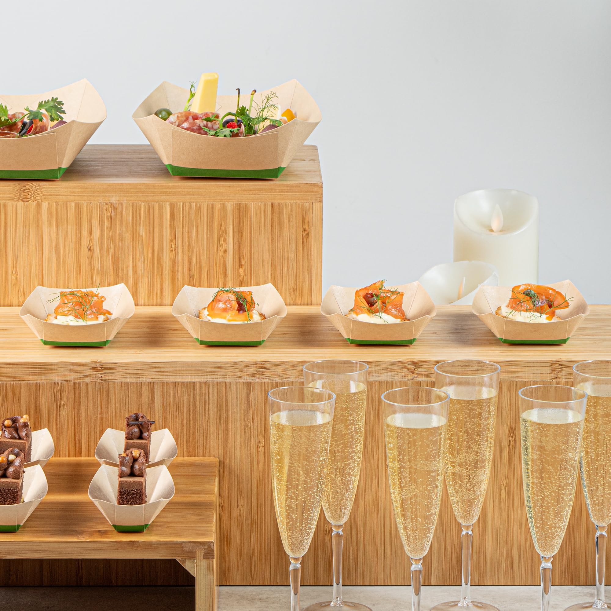 Restaurantware -Sustain - Barcos desechables de comida de 4 onzas, 50 bandejas de papel resistentes para alimentos, con forro de ácido poliláctico, compostables, bandejas de servir de papel de bambú