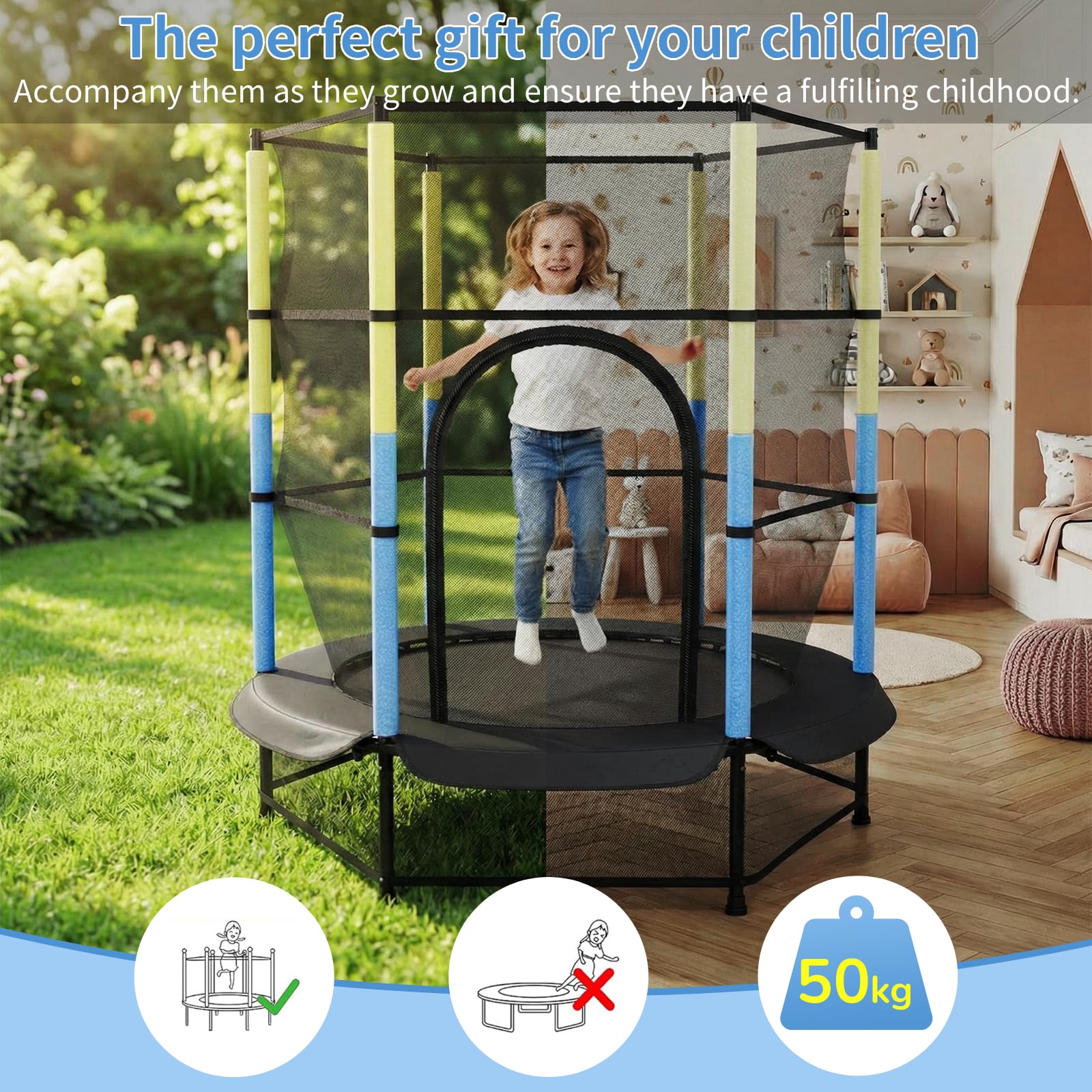 LIFERUN Trampoline pour Enfants, Trampoline Exterieur Ø140 cm, Trampoline d'intérieur avec Filet de sécurité, Trampoline de Jardin pour entraînement et Loisir, Max 50 kg, Enfants