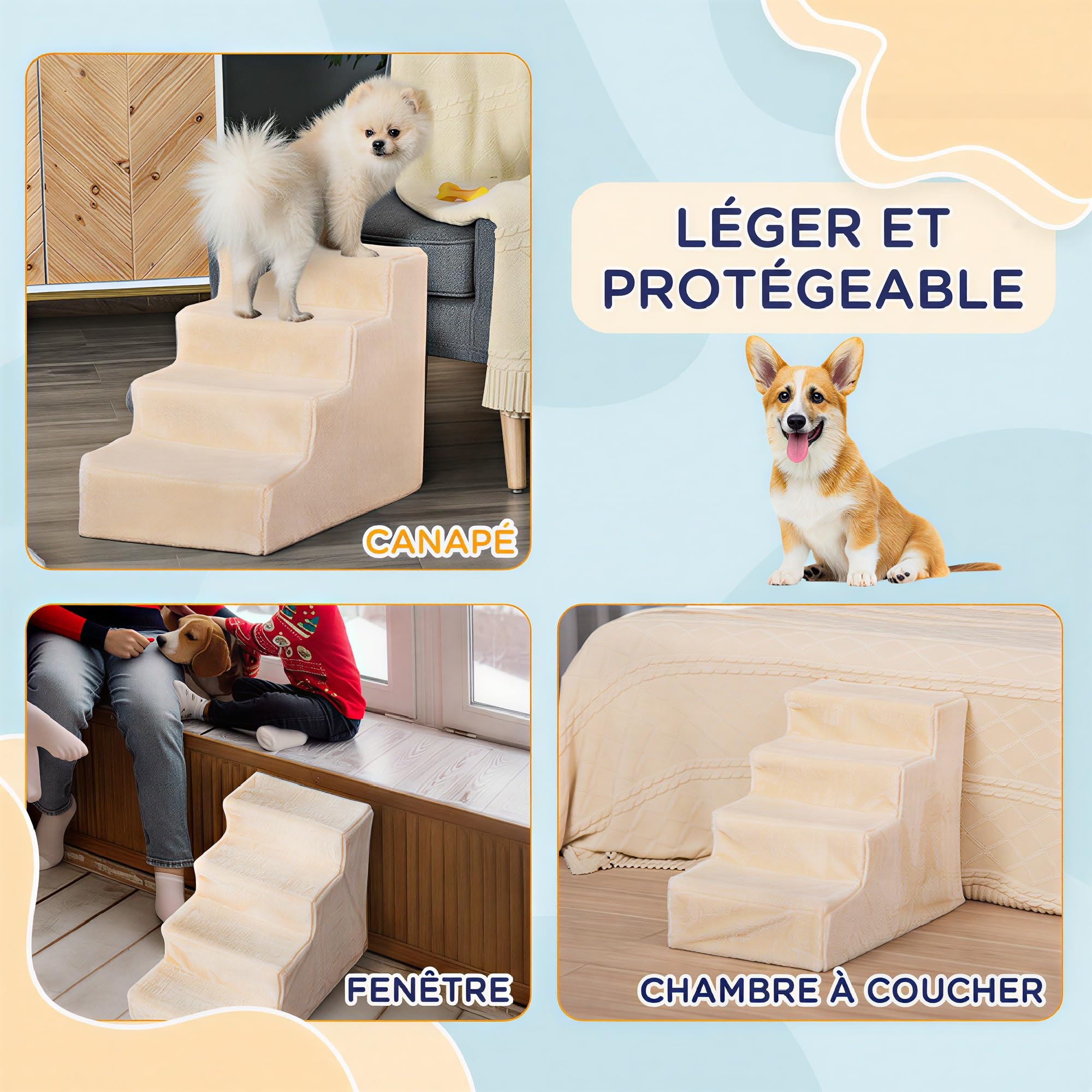 PawHut Escalier pour Chien à 4 Marches, Escalier pour Chat, Échelle Antidérapante pour Animaux de Compagnie, Housse Amovible et Lavable, 60 x 35 x 44 cm, Beige