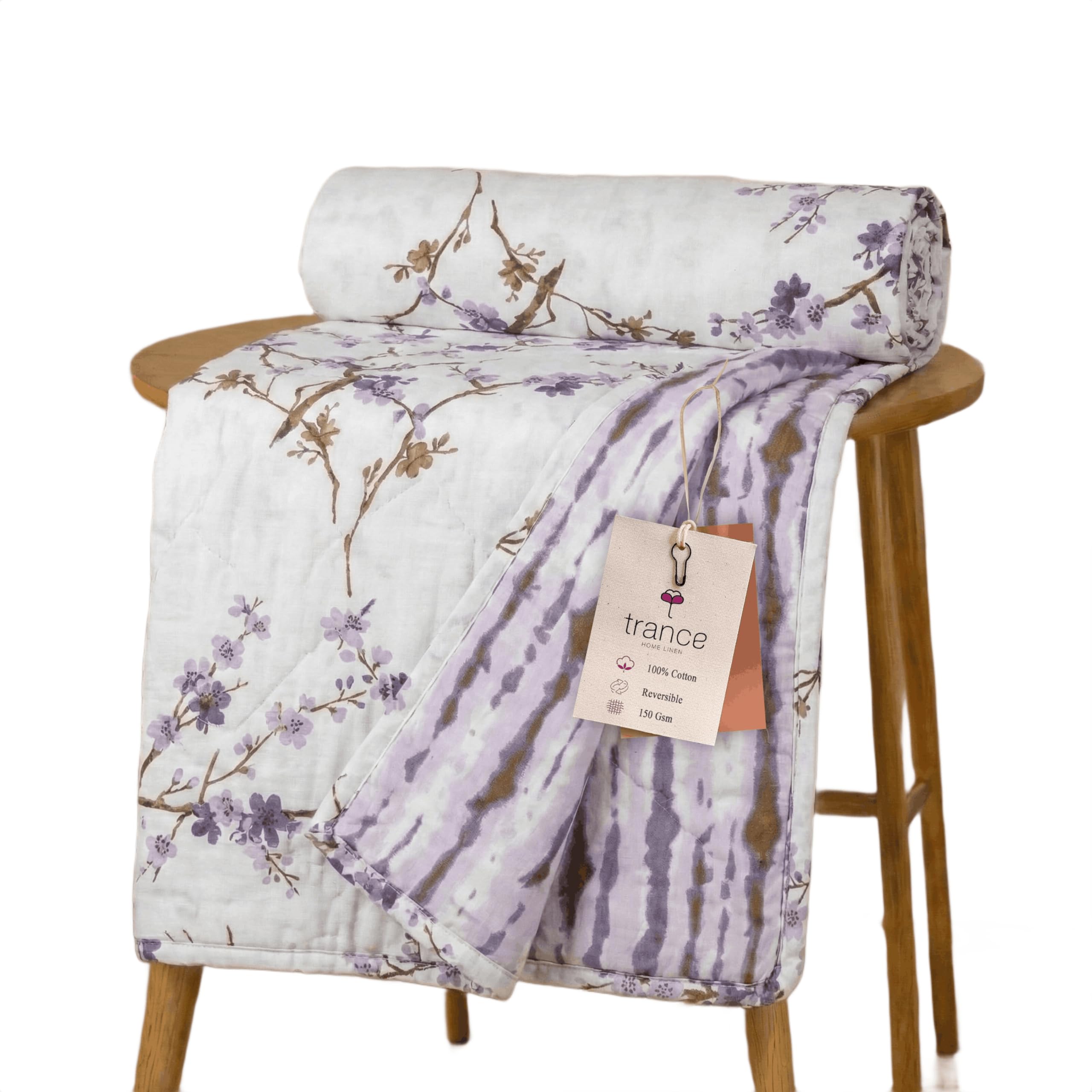 Pure Cotton Reversible Dohar Double Bed Size | AC Blanket | Soft Light-Weight Bed Blanket (84 x 88 inch - Akira Lavender, Pack of 1)