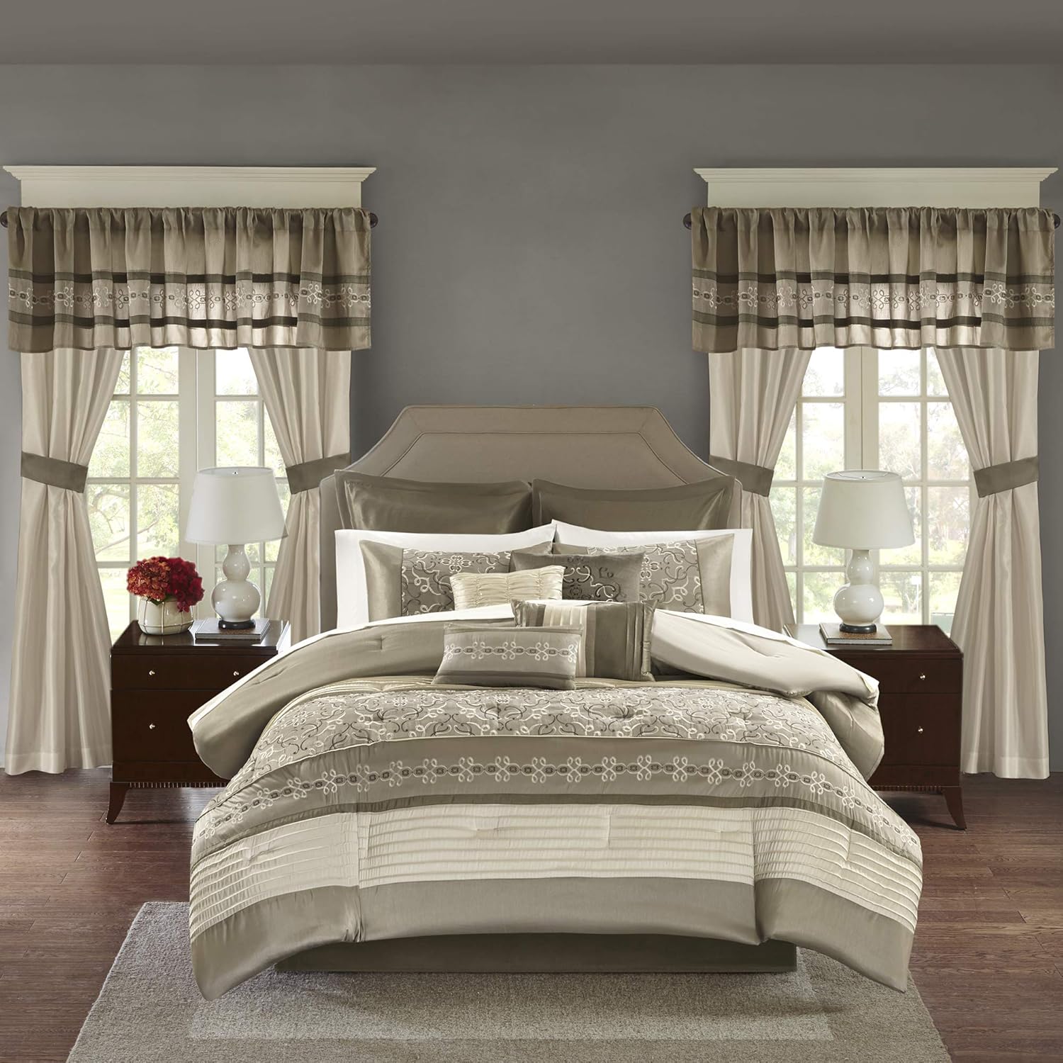 Prоduсt Dеаl Madison Park Essentials Jelena Room in A Bag Faux Silk Comforter Classic Luxe All Season Down Alternative Bedding, Matching Bedskirt, Curtains, Decorative Pillows, Queen (90 in x 90 in), Natural