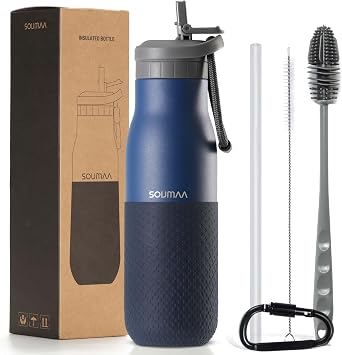 Insulated Stainless Steel Water Bottles with Straw, Wall Vacuum Insulated Water Bottle for Gym Traveling Camping Hiking Outdoor Activity2 Cleaning Brushes+1 Carabiner, 18 oz Blue