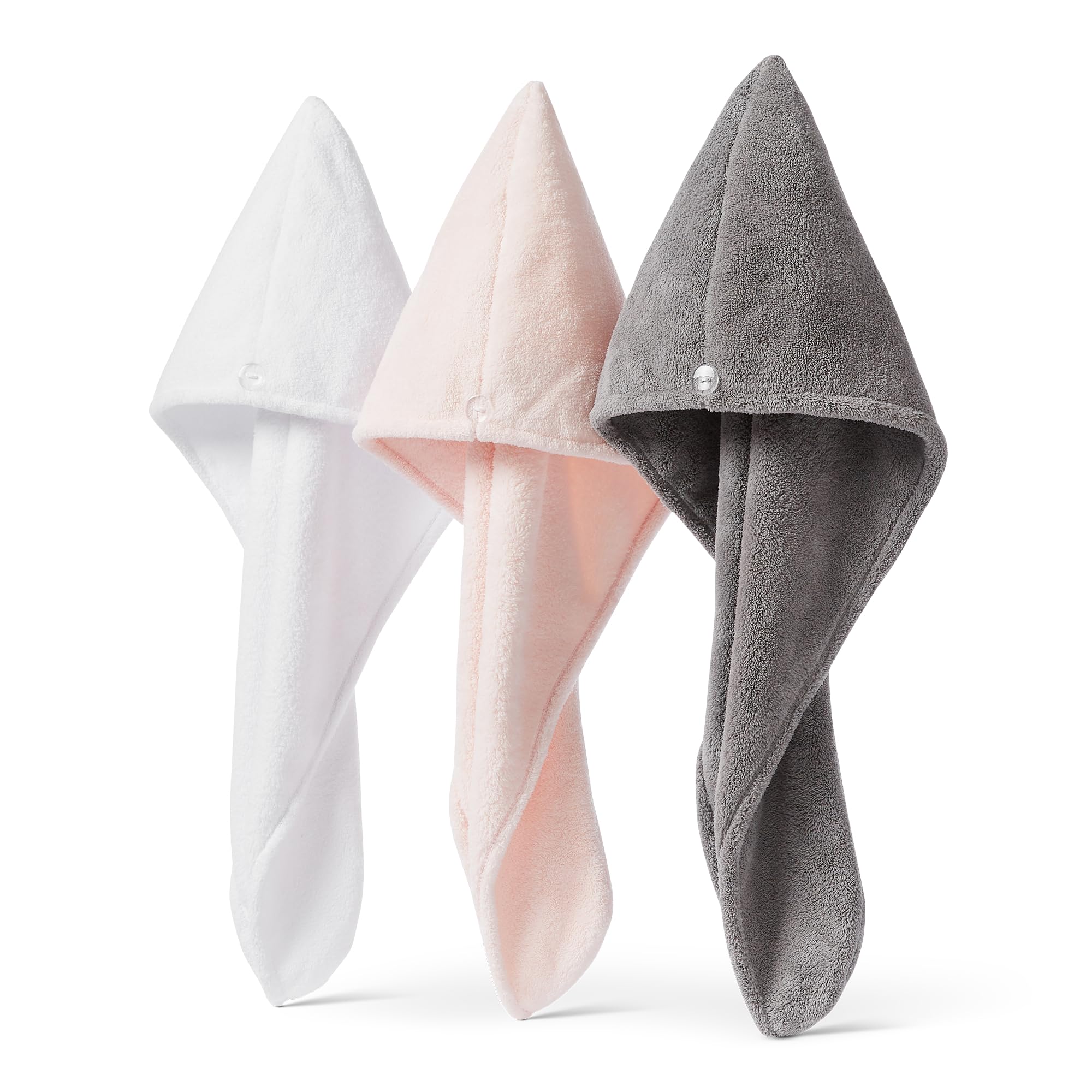 Amazon Basics Quick-Dry Microfibre Hair Towel Wrap, Hair-Drying Towel, White/Grey/Pink, 3-Pack