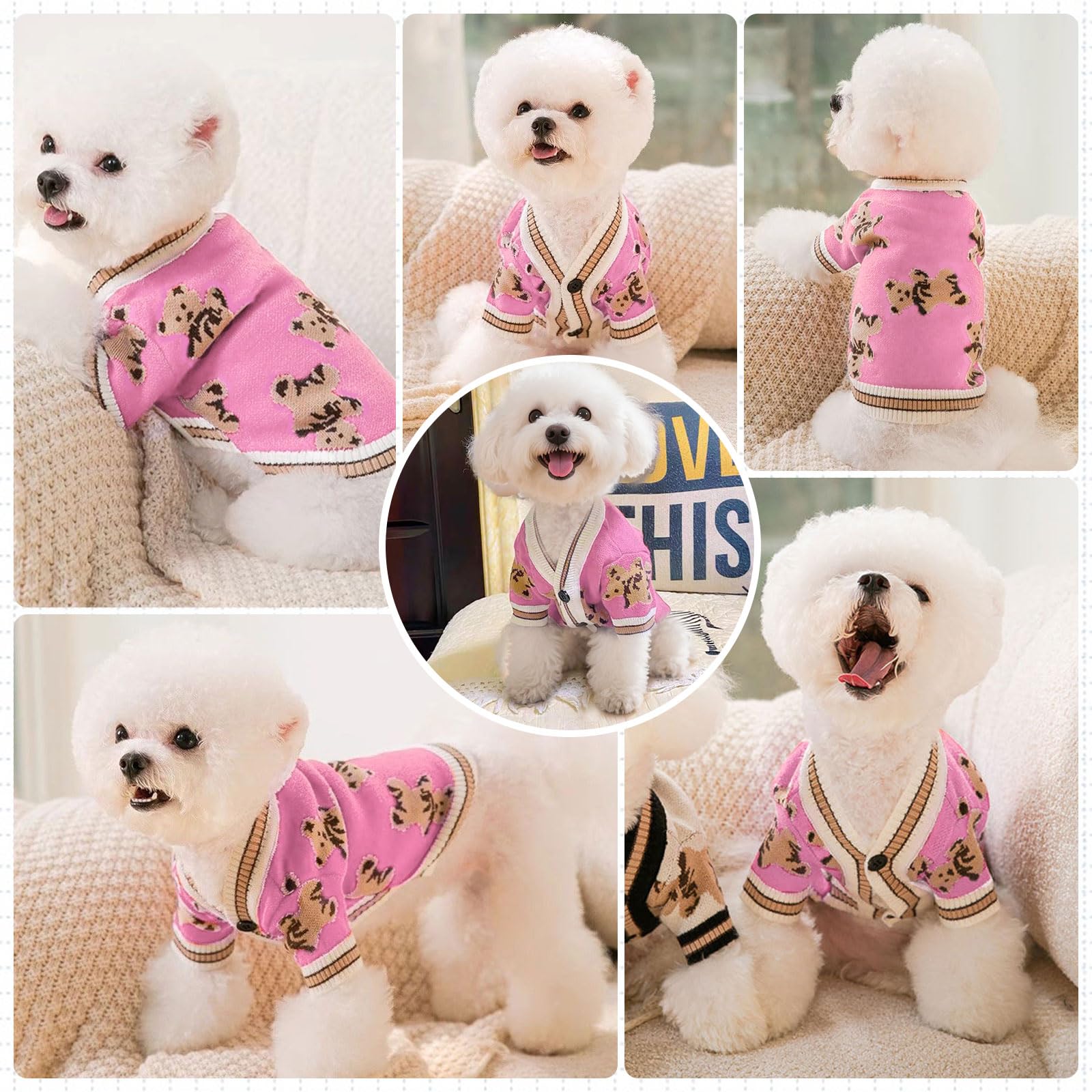 ABRRLO Small Dog Jumpers Cute Bear Dog Cardigan Sweater for Small Dogs Boy Girl Puppy Cat Knitting Cardigan Outfits Doggy Winter Coats Warm Pet Dogs Clothes Soft Knitwear (Pink - Image 2