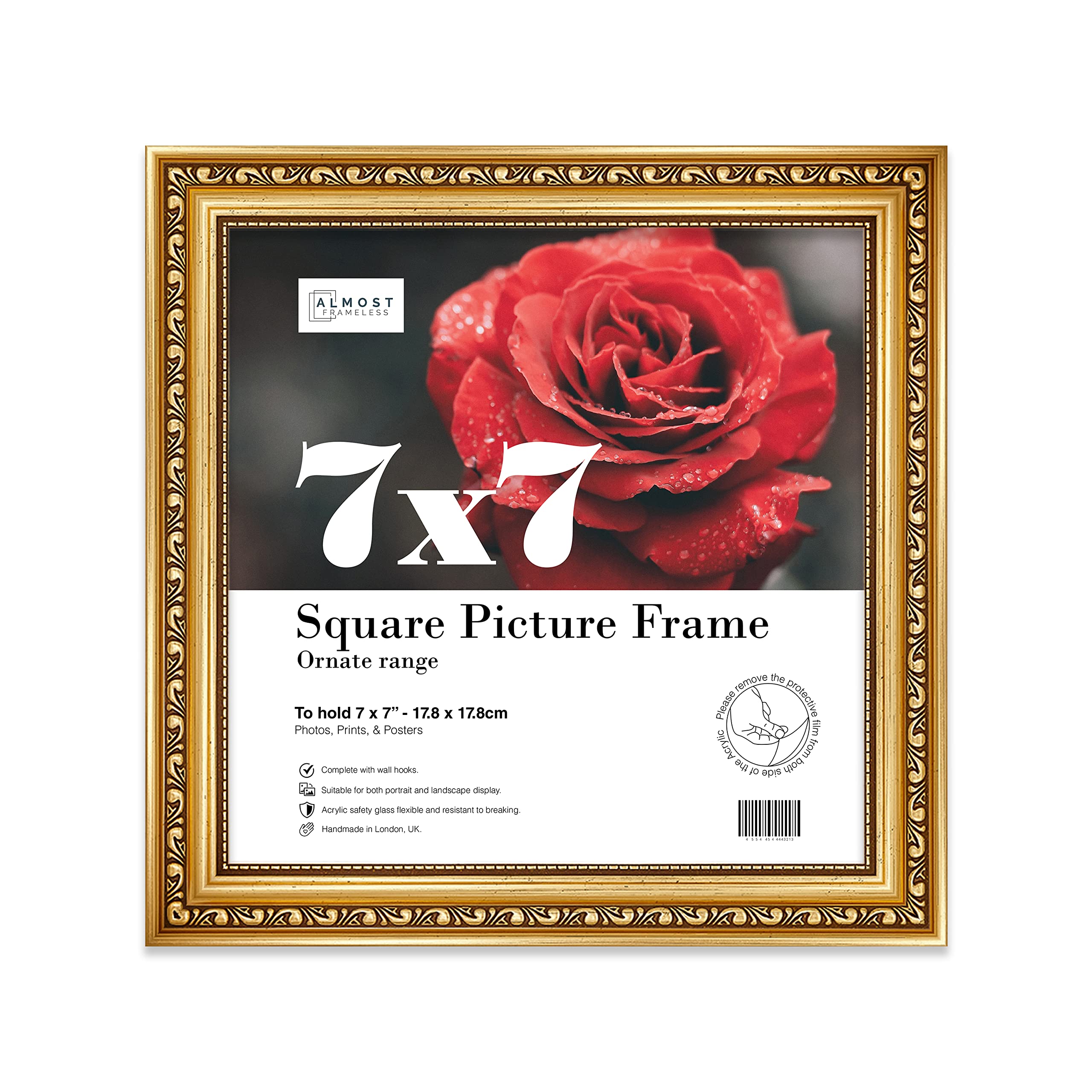 Almost Frameless 7x7 Gold Ornate Picture Frame 7"x7" (17.8x17.8cm) Poster, Photo, Artwork, or Print. Antique Style Portrait and Landscape Display with Wall Hooks