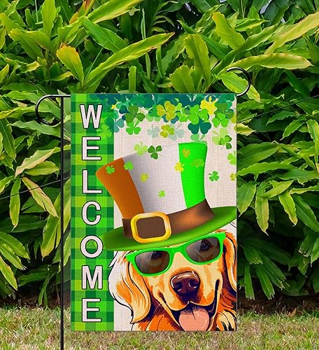Miniatura 4 de KROMNOUR Bandera de jardín del Día de San Patricio Golden Retriever de 12.5 x 18 pulgadas, lindo trébol verde de perro, bandera de jardín de