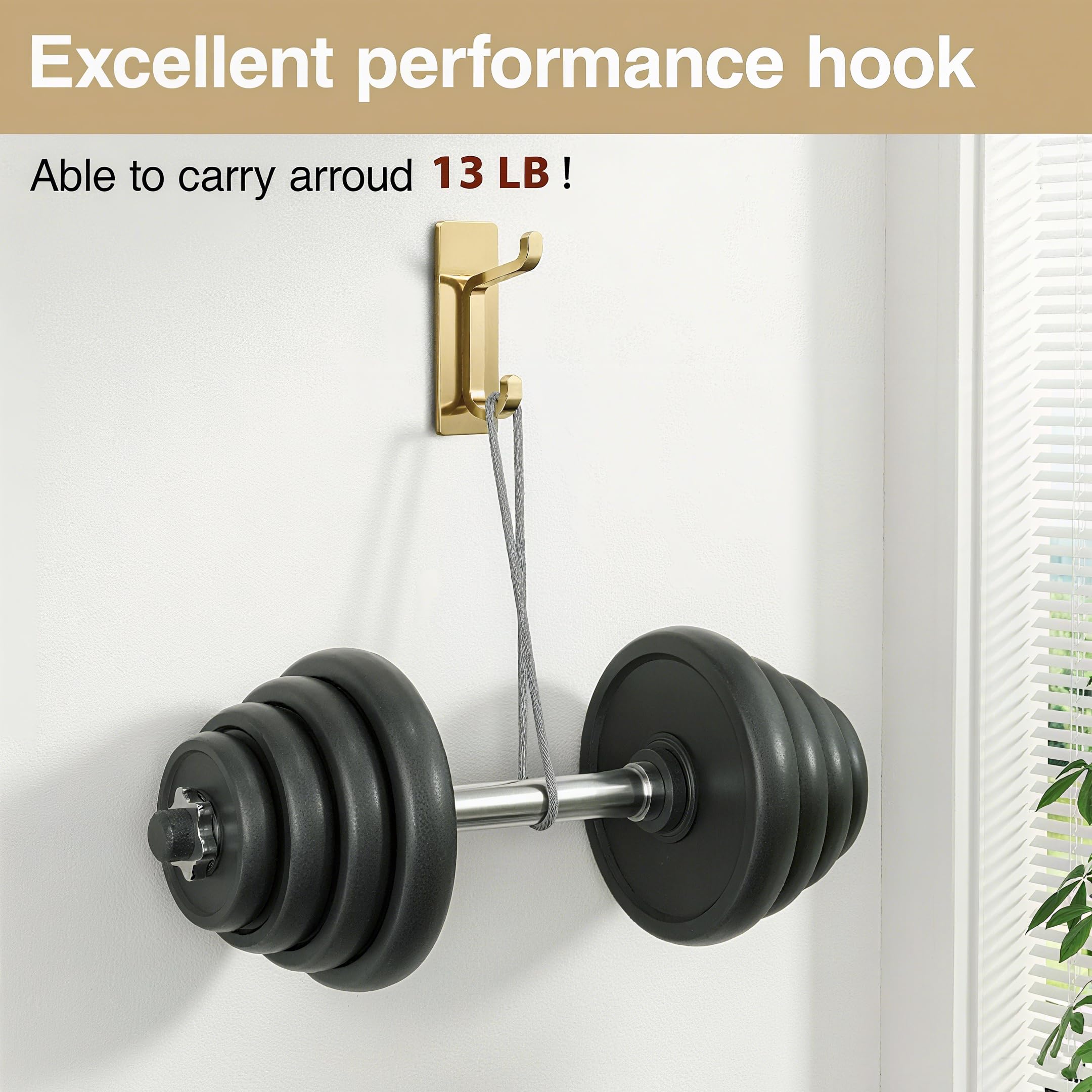 Josmimic Toallero sin taladro: ganchos adhesivos extra fuertes de 6 kg, ganchos de pared autoadhesivos para baños, ganchos para toallas y abrigos, juego de 4, dorado