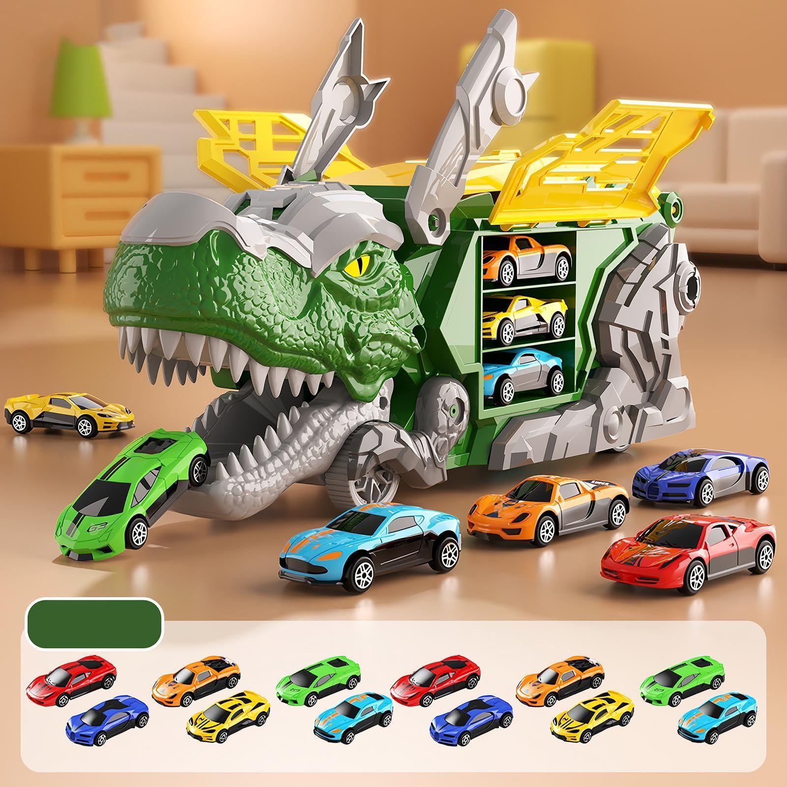 Camión de Dinosaurio con Coches 12 Coches en Miniatura con Pista Doble
