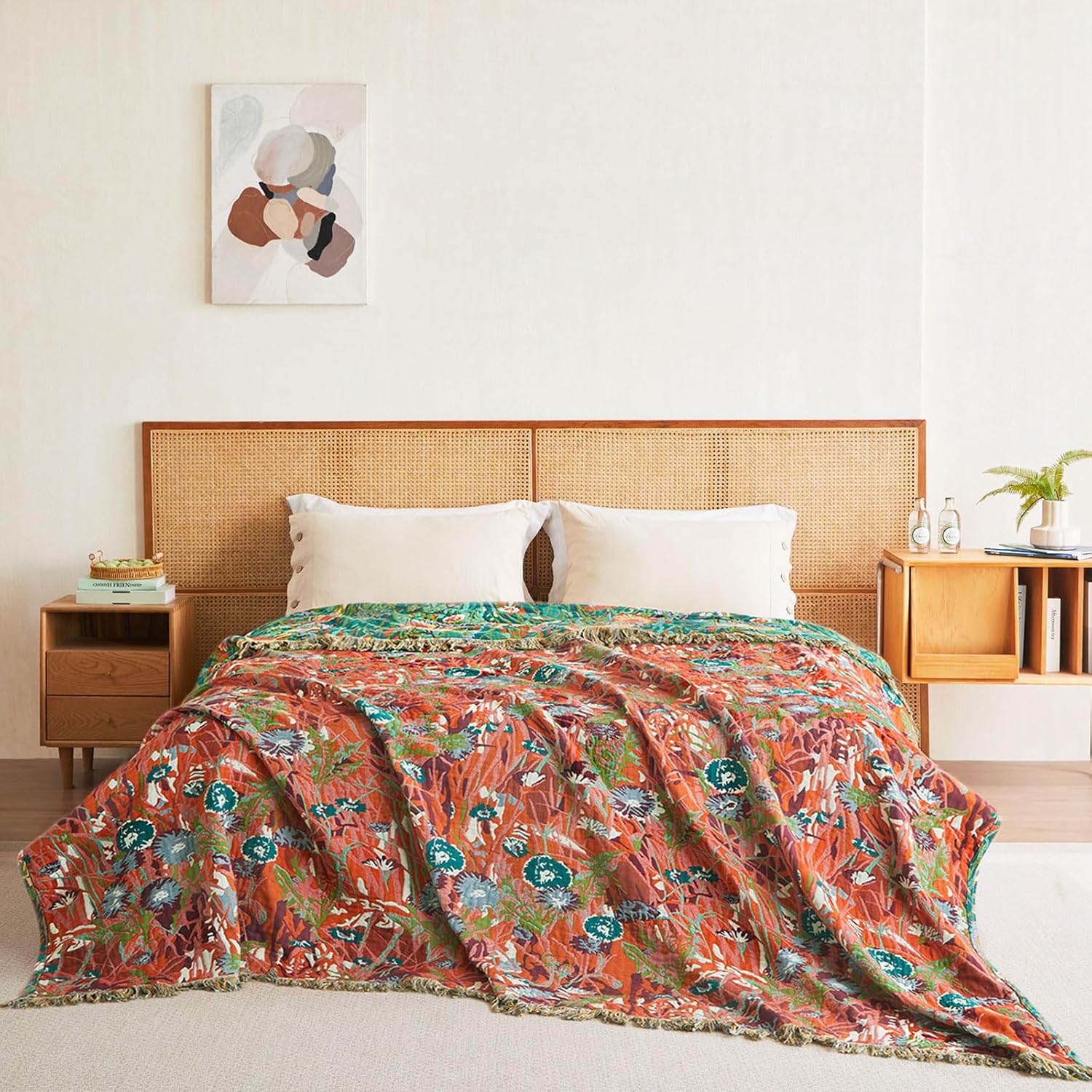 Boho Throw Blanket - 50"x60" 100% Cotton Ultra Soft Lightweight Fall Blanket, 4-Layer Breathable Muslin Blankets for Bed Couch, Reversible Green Floral Printed Bohemian Cotton Quilt - Image 9