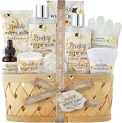 LOVESTEE Cesta de Presente para Spa de Banho e Corpo para Mulheres, Melhor Presente para O Natal, Dia Das Mães e Aniversário, Conjunto de Loção Corporal de Rosa Branca, Gel de Banho, Banho de Espuma, Sal de Banho, Toalha, Sabonete, Óleo, Vela, Luvas,