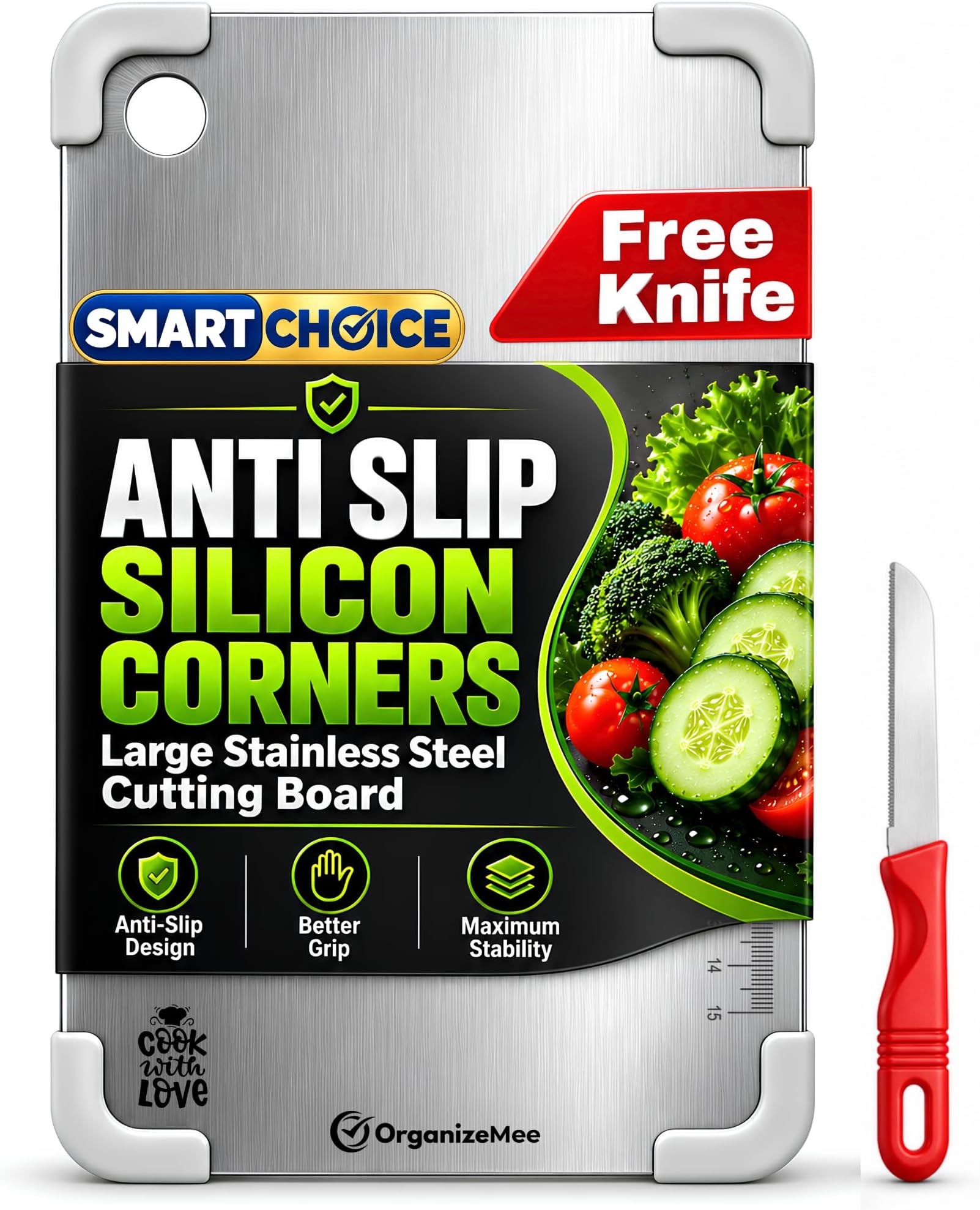 Large Stainless Steel Chopping Board |Antiskid Silicon Corner|Knife|36x25CM