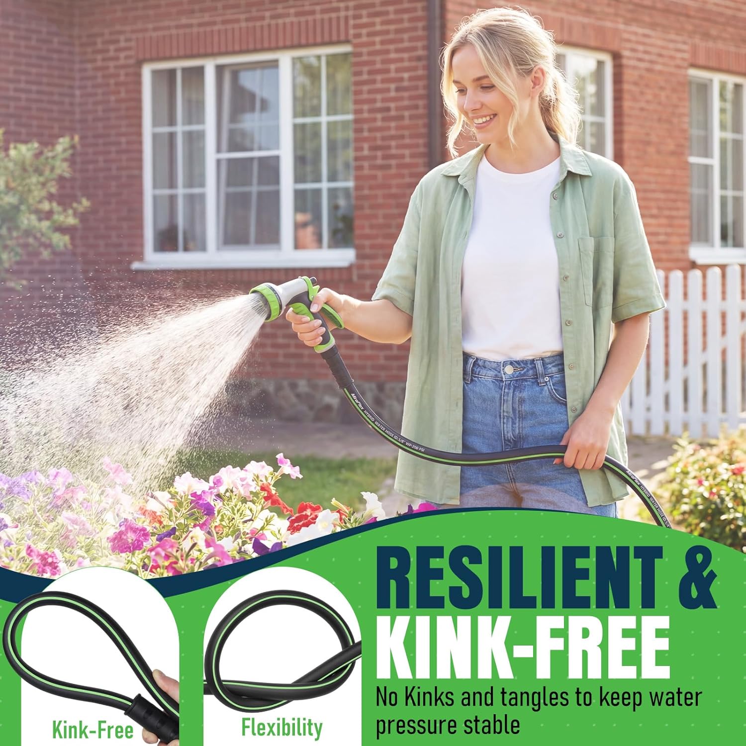 MiraFlex Non-Expandable Garden Hose 75ft, Lightweight Flexible Hose, Kink Resistant, Solid Fittings, 5/8 Inch, 600 PSI, Ideal for Large Yard, Lawn Irrigation