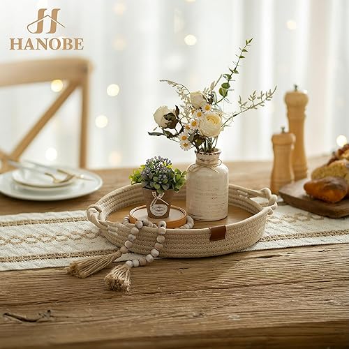 Miniatura 3 de Hanobe Bandeja decorativa para mesa de café juego de bandejas redondas para sala de estar, otomana, bohemio, cesta de cuerda con placa de madera,