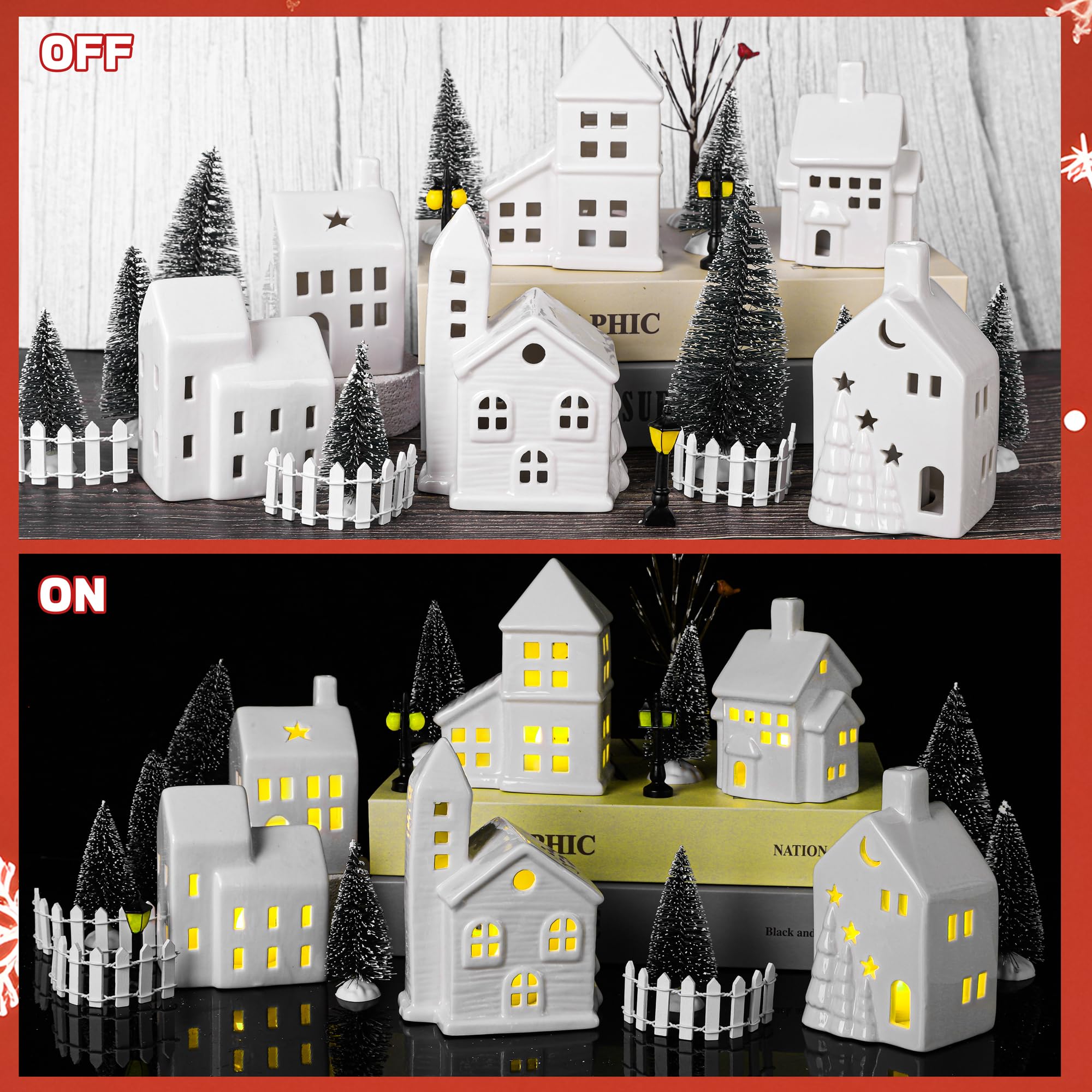 Fovths Lot de 37 pièces de village de Noël en porcelaine - 6 maisons lumineuses en céramique avec bougies chauffe-plat LED télécommandées - 14 arbres, clôtures, lampadaires - Accessoires de village