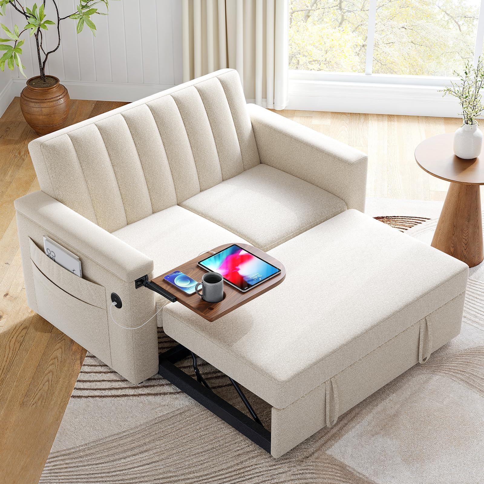 Marsail 3-in-1 Convertible Sofa Bed, 54" Sleeper Sofa with Solid Wood Side Table & Frame, Pull-Out Couch with USB Ports & Side Pockets, Loveseat Sofa with Adjustable Backrest, White