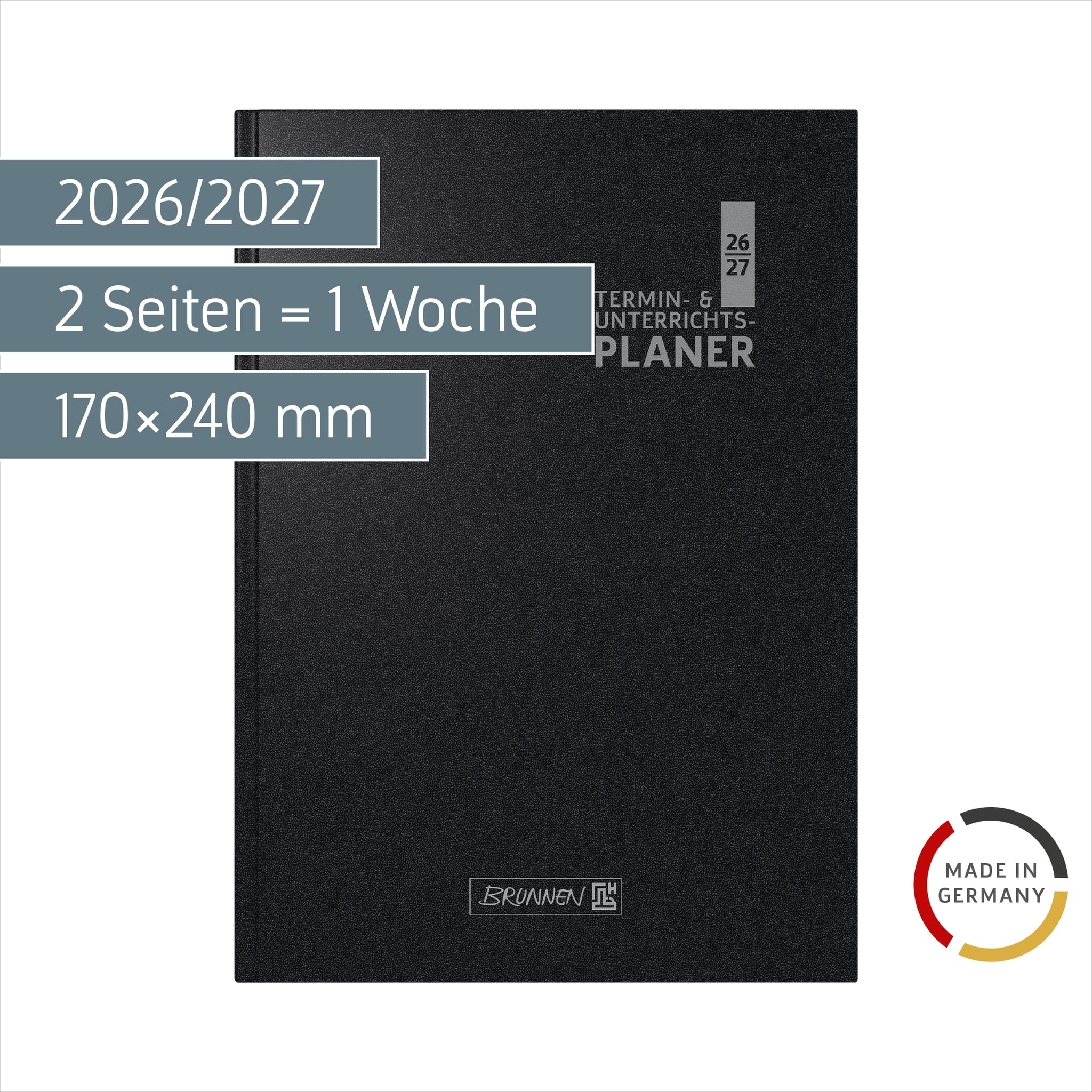 Termin- & Unterrichtsplaner 2026/2027 | A5, Kunststoff, schwarz: 2 Seiten = 1 Woche ; Kalendarium: August 2026 bis Juli 2027 | A5, Kunststoff, schwarz