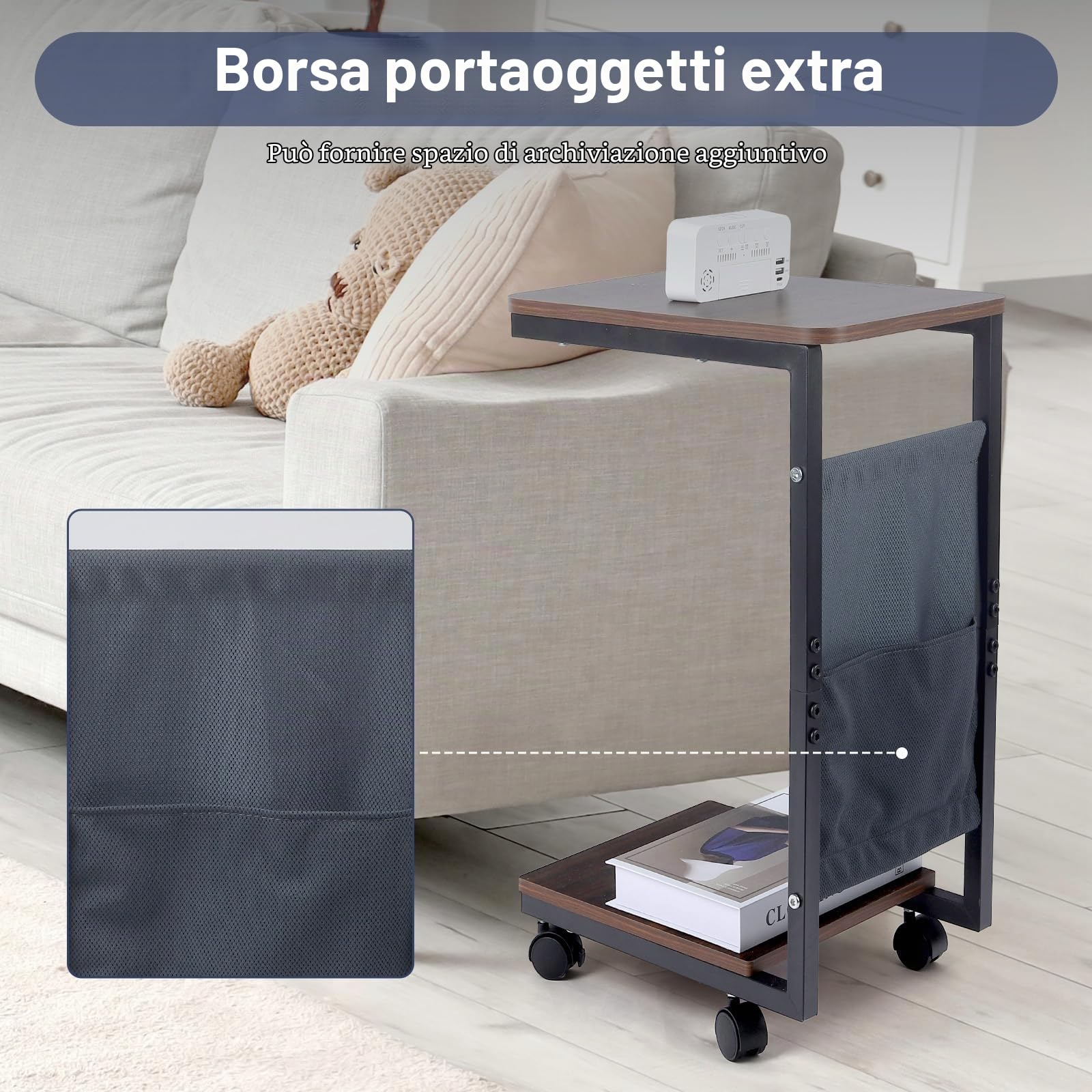 comfoyar Tavolino a Forma di C con Ruote, Tavolino da Divano in Legno per Sedia Reclinabile, Tavolini da Caffè a Mobile con Borsa Portaoggetti per Piccoli Spazi, Soggiorno, Camera da Letto, Ufficio