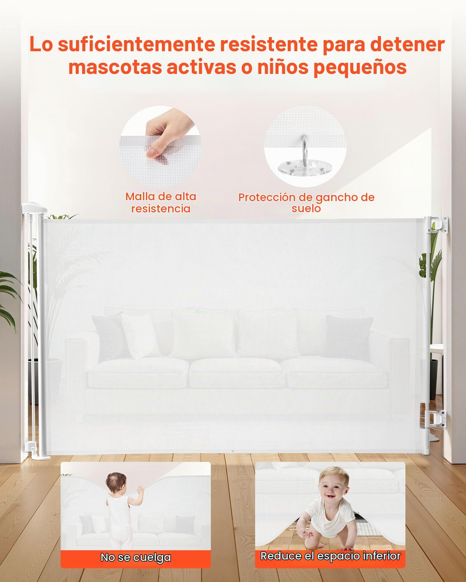 VEVOR Puerta Retráctil 1045x1550 mm, Barrera de Seguridad para Perros con Cierre, Puerta de Malla Permite el Paso sin Tropiezos, para Escaleras Interiores, Puertas, Pasillos, Salas de Juegos, Blanco