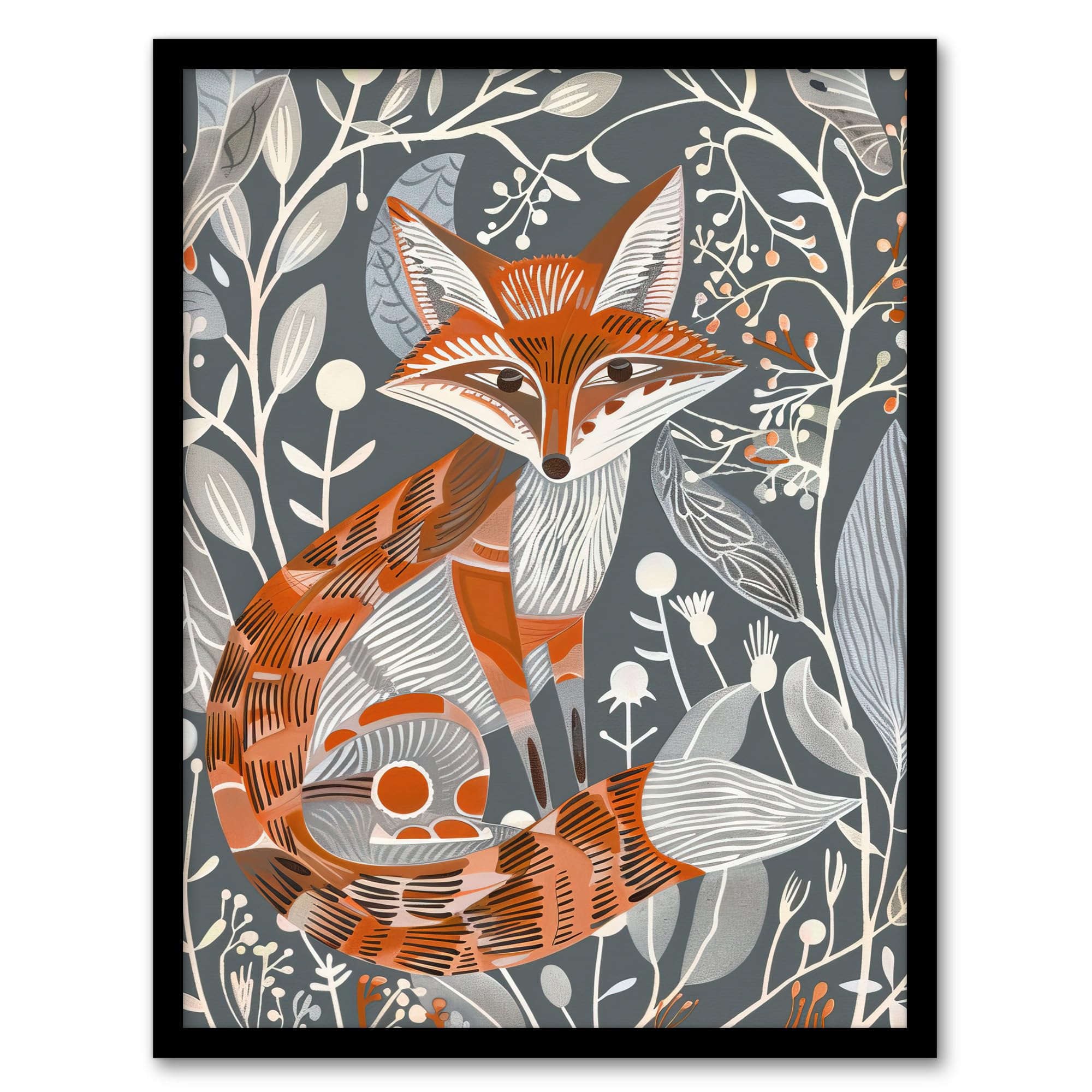 Artery8 Woodland Fox Folk Art Grey Rustic Wildflowers Living Room Artwork Framed Wall Art Print 18X24 Inch