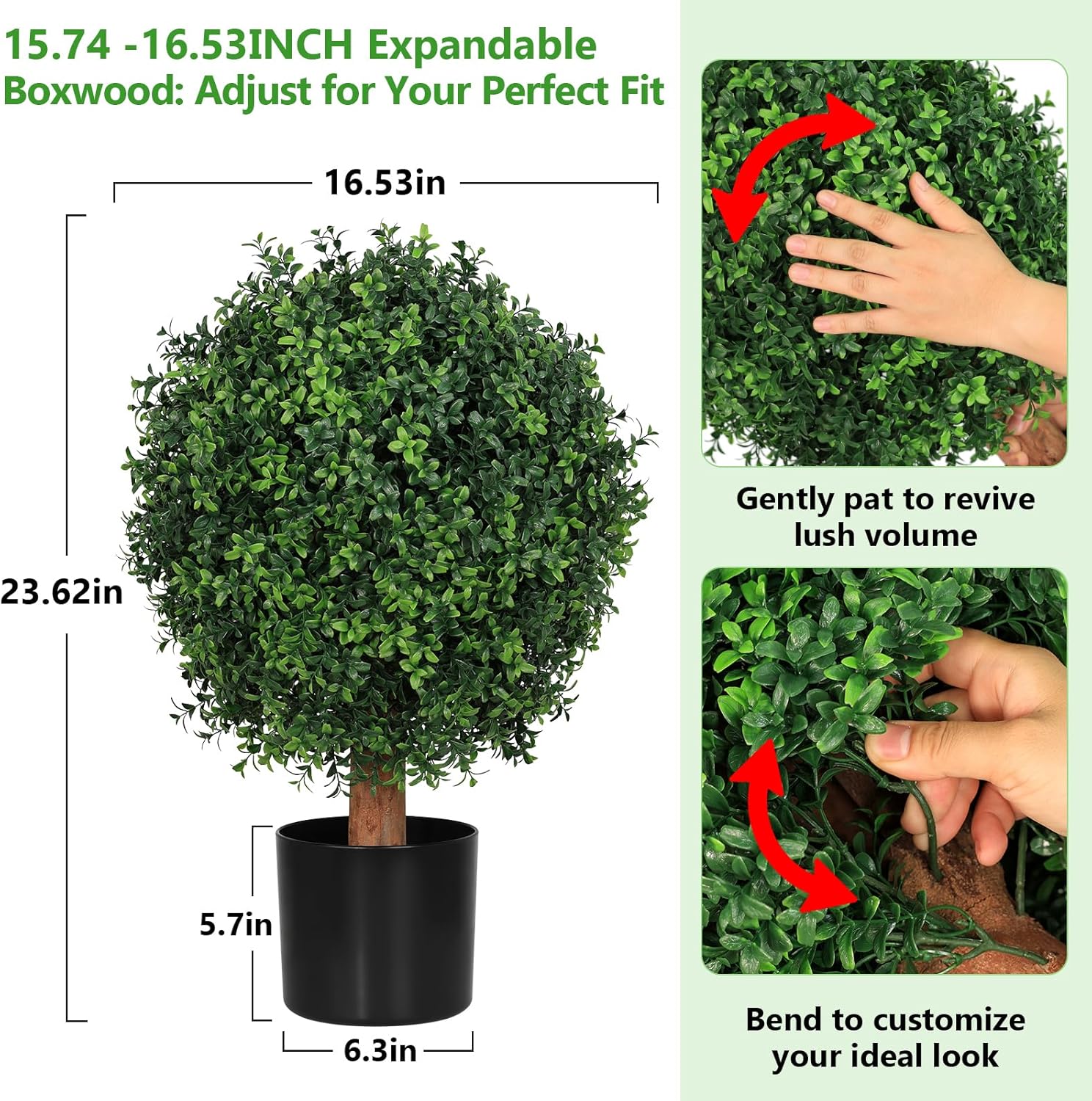 24 Inch Artificial Topiary Boxwood Ball Trees Outdoor – Set of 2 UV Resistant Faux Boxwood Topiary, Fake Potted Shrubs Evergreen for Front Door Porch Patio Balcony Home Decoration