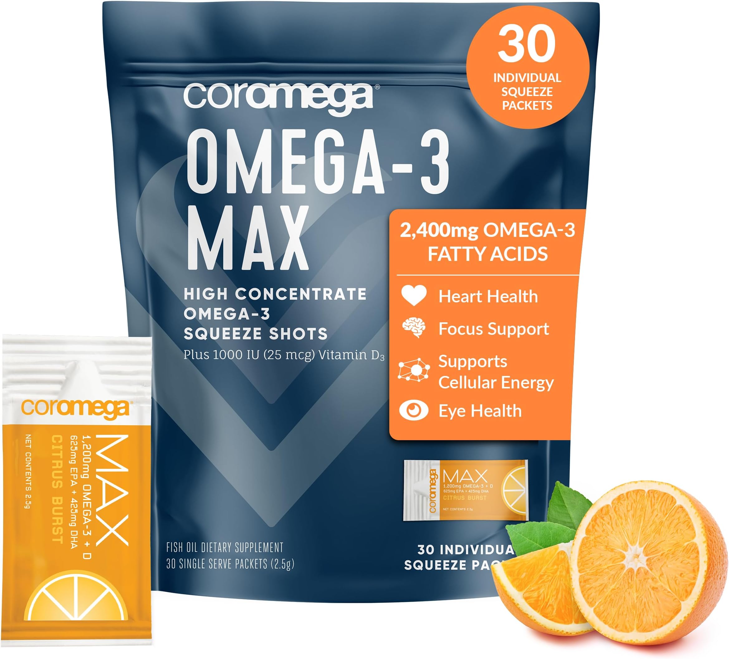 Coromega MAX 2400mg Omega-3 Fish Oil + Vitamin D Squeeze Packets, Wild-Caught, No Fishy Taste - 3X Better Absorption Than Softgels, Supports Brain & Heart Health (30 Servings,Citrus Burst)