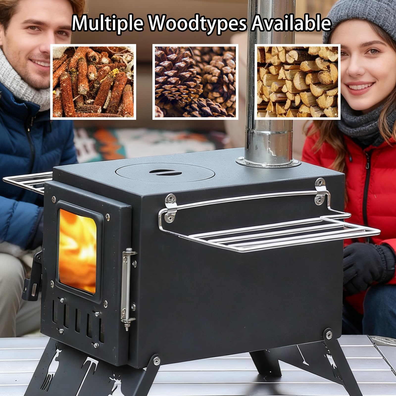 Réchaud de camping portable – Réchaud à bois avec tuyaux de cheminée et grand foyer pour la cuisine en plein air, barbecue, randonnée, pêche, chasse et chauffage