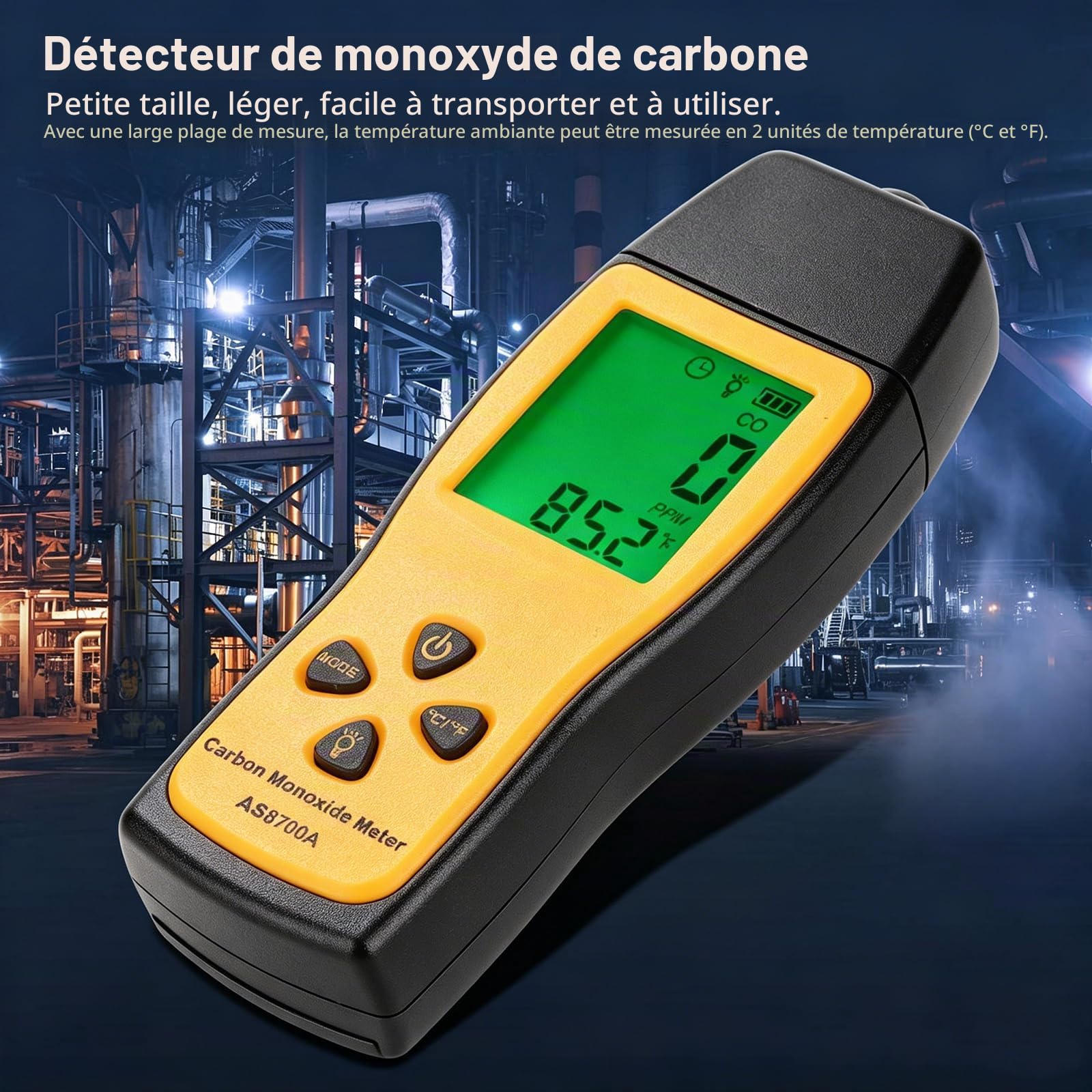 Détecteur de Monoxyde de Carbone, Testeur Et Détecteur de Monoxyde de Carbone Portable Haute Précision, Moniteur Portable de Fuite de Gaz CO pour Atelier, Détecteur de CO LCD 0～1000 ppm