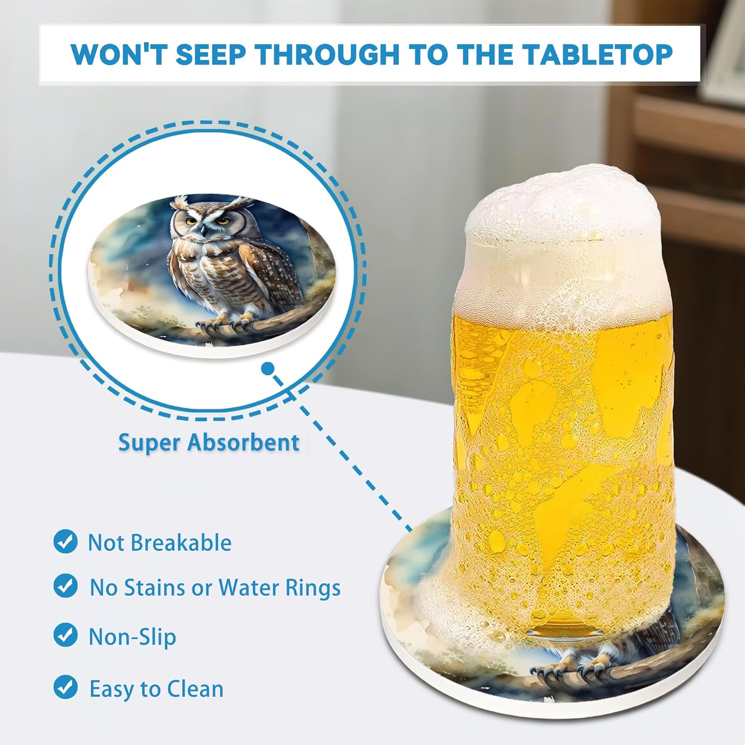 Drinks Coasters Set of 4, Owl Round 4" Cup Coasters, Absorbent Ceramic Stone Coasters with Cork Base, Cute Coasters for Table Home Décor, Ideal Gifts for Women Men - Image 4