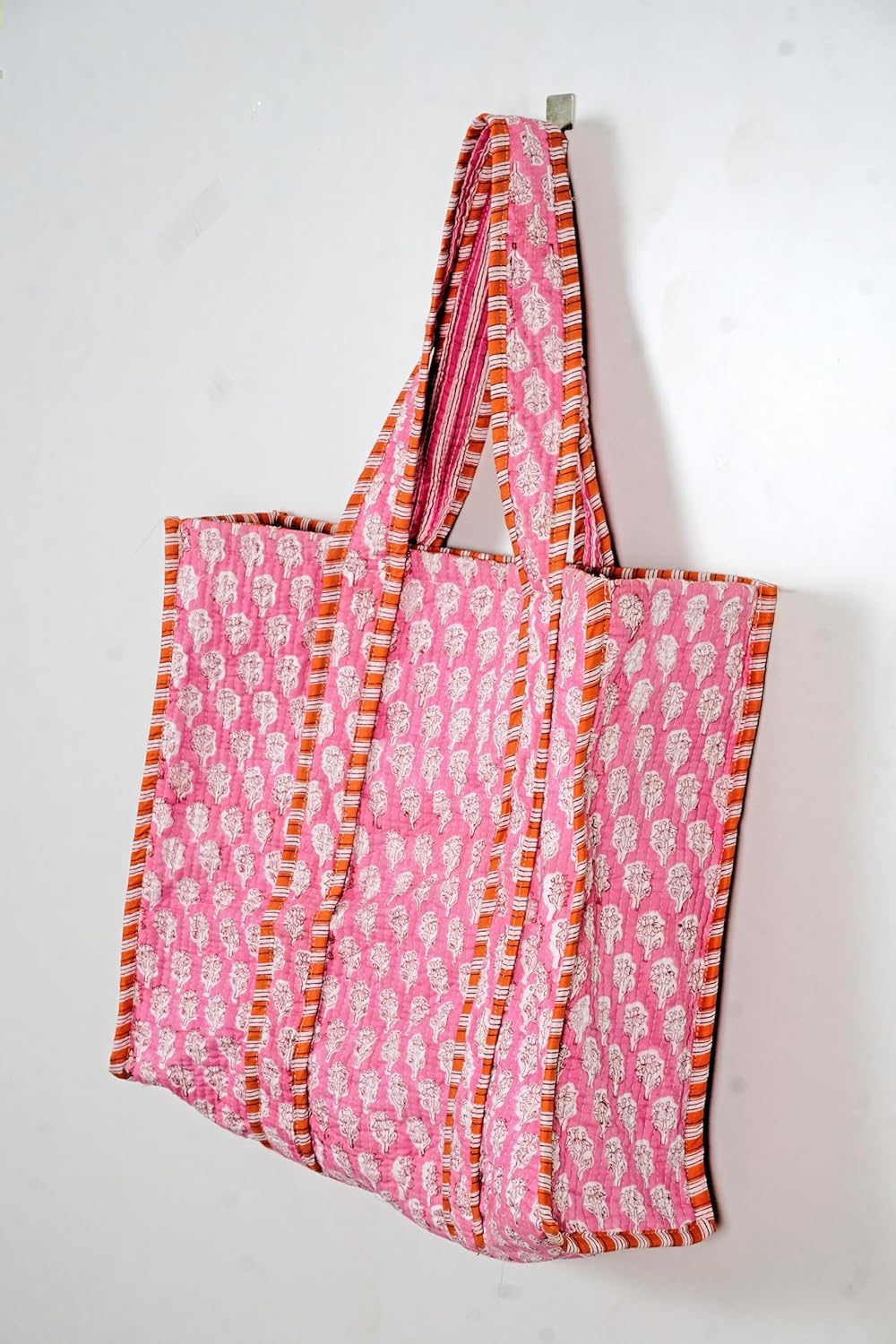 Quilted Cotton Handprinted Reversible Large multicolor Floral Tote Bag - Image 5