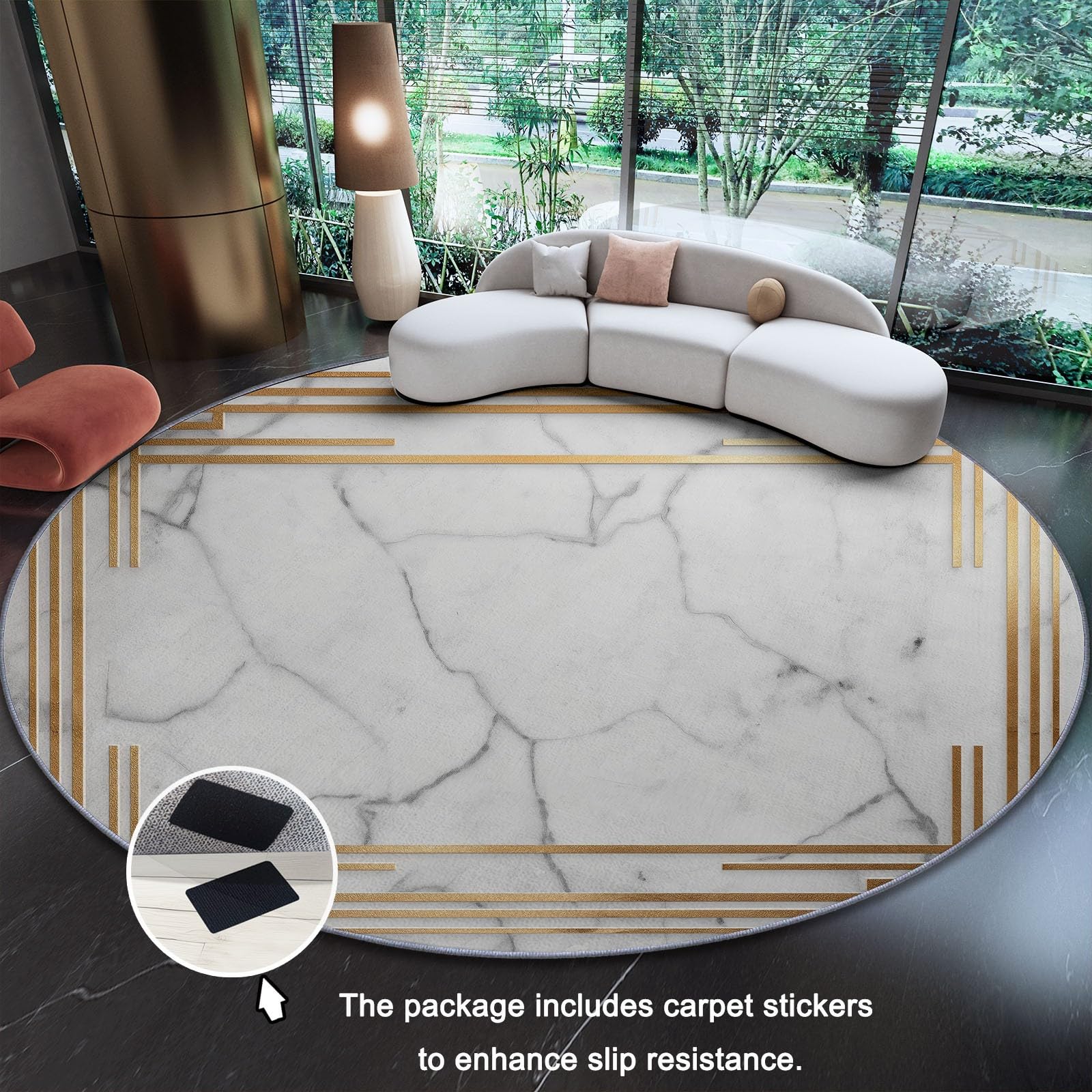 Weiß Runder Teppich 100 cm,Waschbar Schlafzimmer Teppich Rund Art Déco Marmor Geometrisch Muster rutschfest Teppiche Wohnzimmer Eingangsbereich Küche