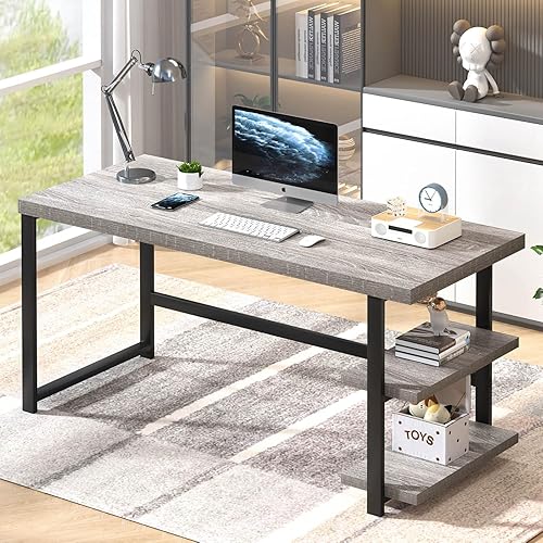 Miniatura 14 de FOLUBAN Escritorio para computadora de 47 pulgadas con estantes de almacenamiento, escritorio moderno de oficina en casa, escritorio de estudio