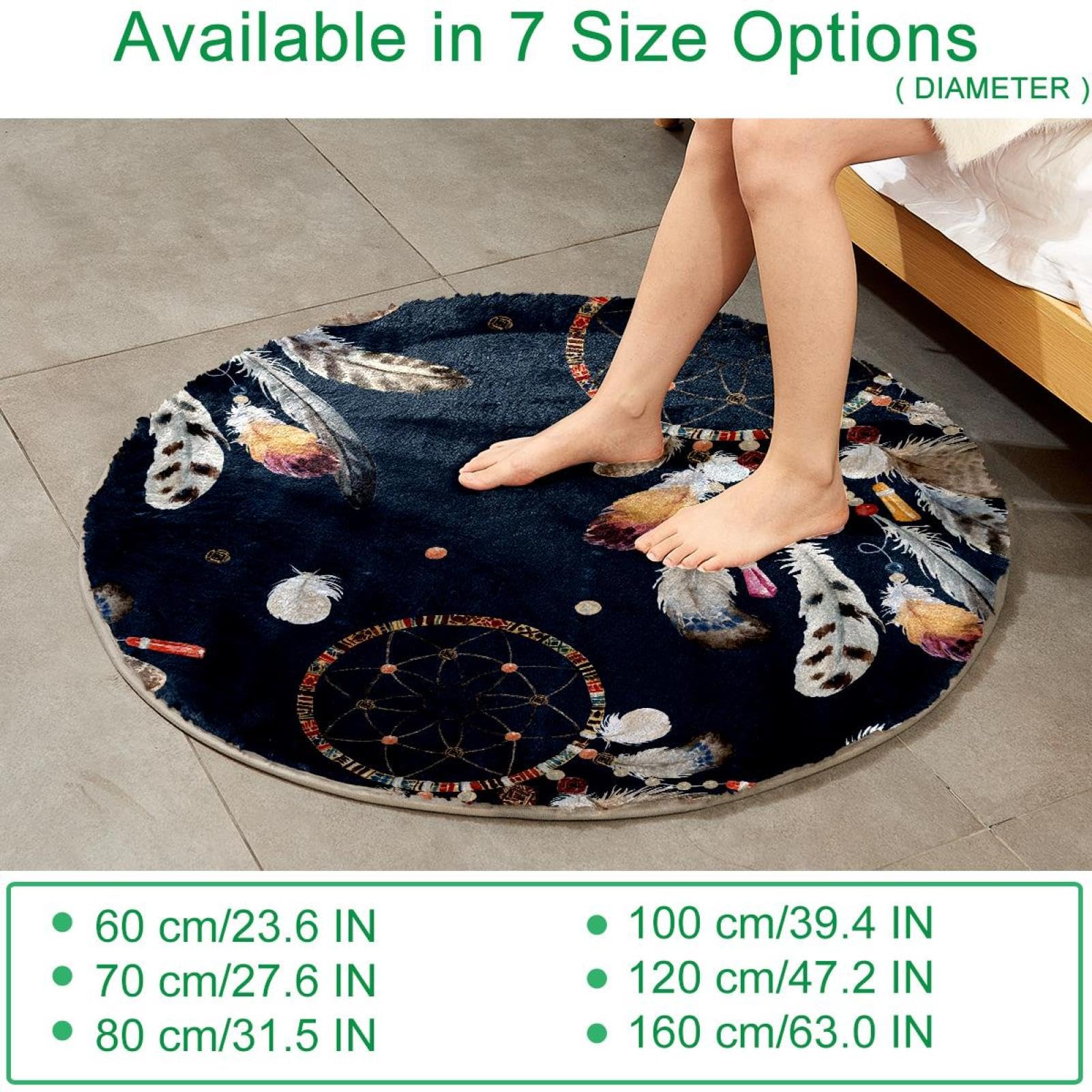 Flauschiger, weicher Teppich für Wohnzimmer, Schlafzimmer, Traumfänger, Federn, rutschfest, zottelig, waschbar, Teppich für Schlafzimmer, Spielbereich, Kinderzimmer, dekorativ, 80 cm