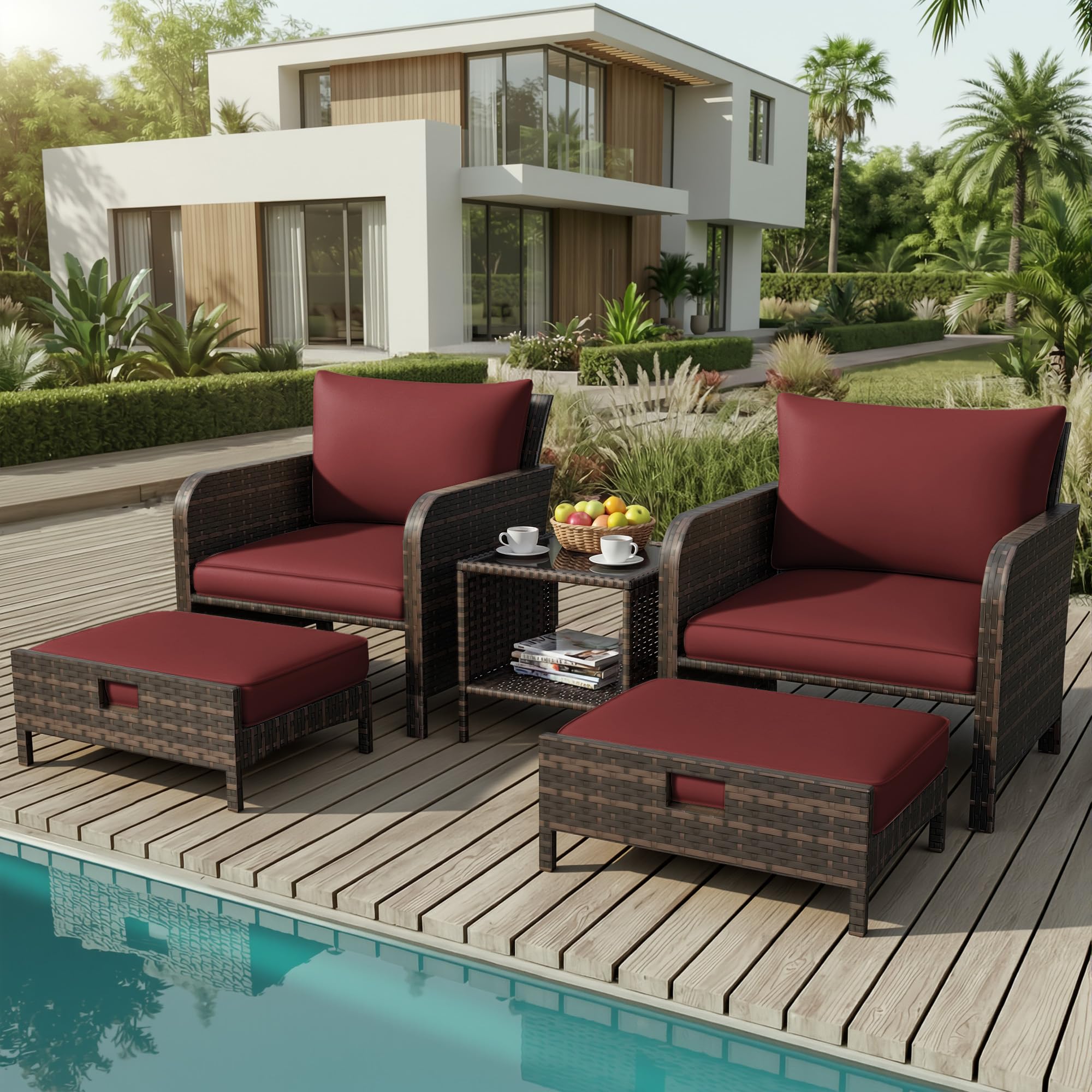 LEVELEVE Patio Conversation Set 5 Piece, Balcony Furniture Outdoor PE Rattan Wicker Lounge Chairs with Soft Cushions, 2 Ottomans & Glass Table for Porch Lawn, Brown (Khaki Cushions — view 11