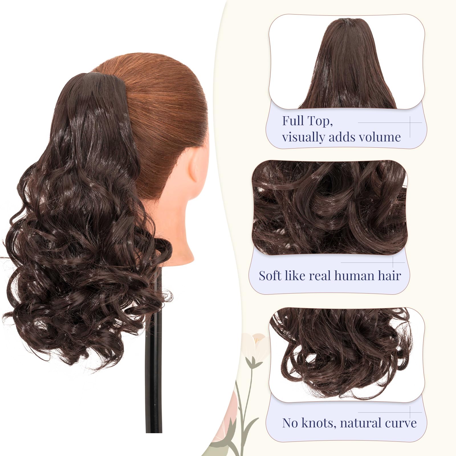 TESS Claw On Ponytail Extension Matte Material 14 Inch/37cm Curly Wavy Clip In Pony tail Synthetic Hairpiece, Dark Brown - Image 3