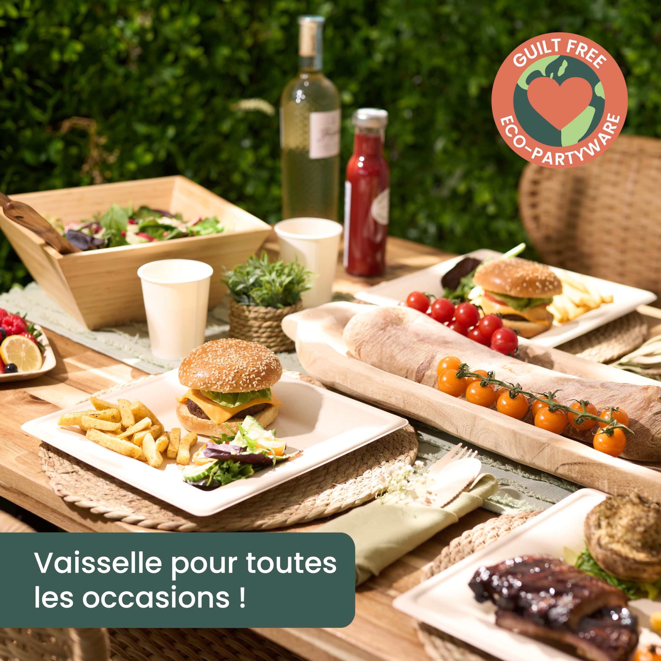 HAAGO 100 Assiettes Solides Compostables en Canne à Sucre, 20 cm / 8 Pouces Carrées – Assiettes Carton Rigides, Anti-Graisse & Anti-Fuites – Jetables pour Chaud & Froid, Fêtes, BBQ, Traiteur