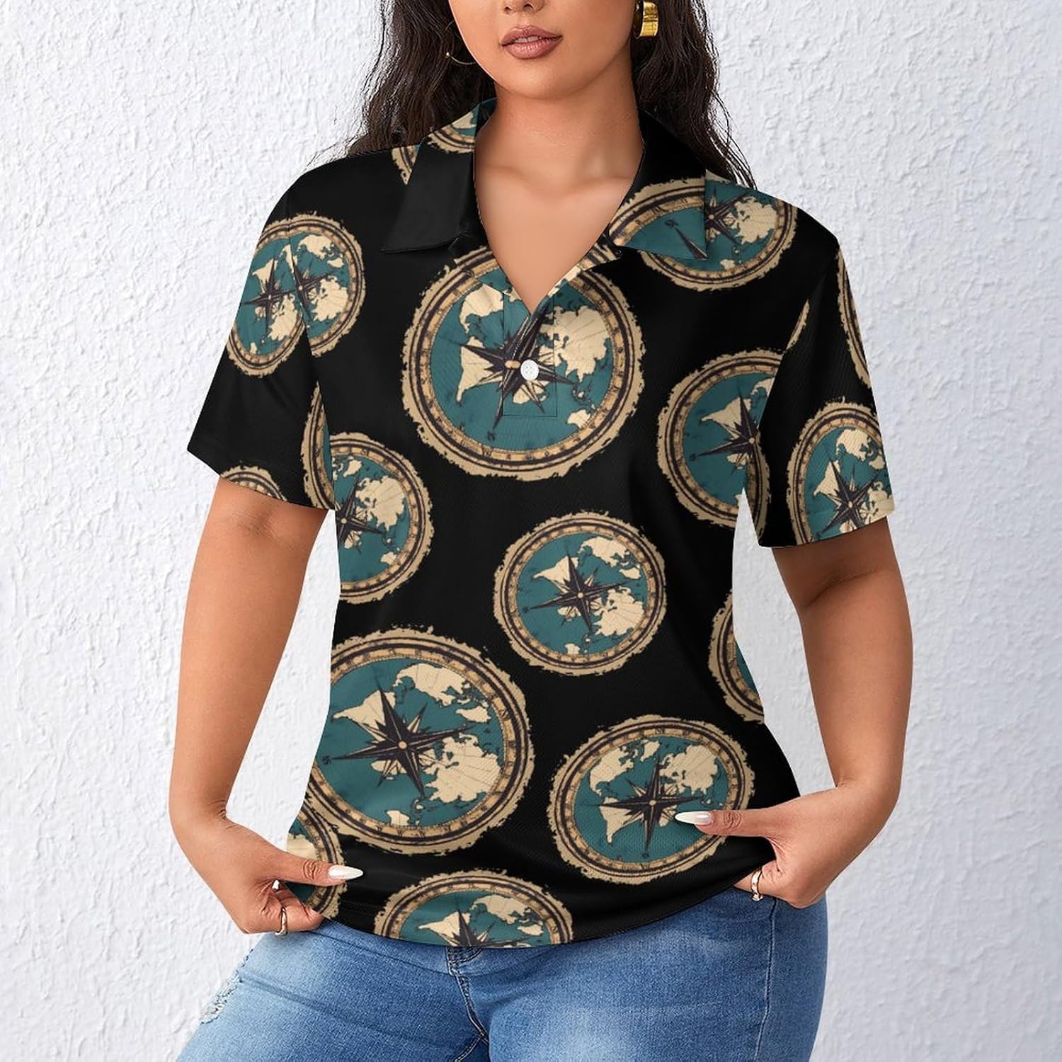 World Map Compass Sea Sailboat Womens Golf Polo Shirts Summer Short Sleeve Collared 3 Buttons T Shirt Activewear Tops