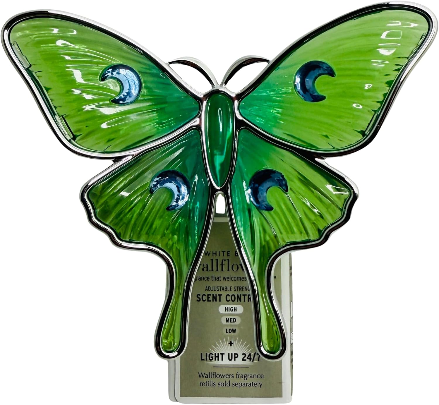 Bath and Body Green, Blue with Silver Butterfly Moth Adjustable Wallflowers Plug Scent Control Fragrance