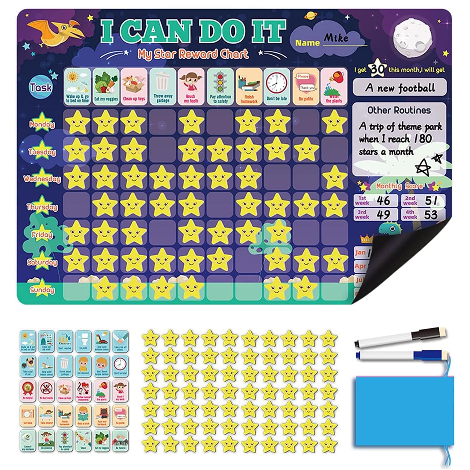 X spring Magnetic Reward Chart Kids, Kids Chore Chart with Insertable Pen Behavior Tile and Star Tile, Daily Routine Responsibility Chore Chart for Kids, Reward Chart for Kids Educational Toys (Blue)
