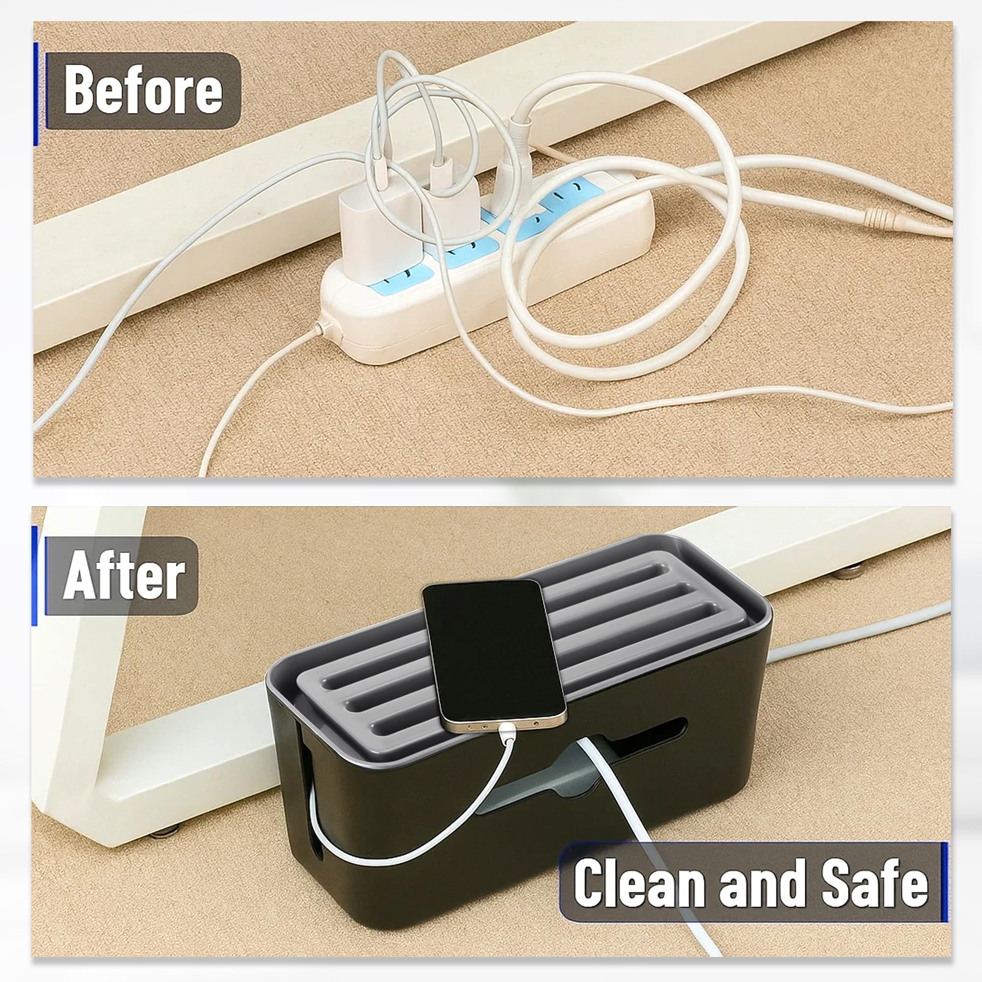 GLUN Caja de gestión de cables con soporte móvil – Regleta de alimentación y organizador de cables, caja de protección contra sobretensiones para cables, cables y enchufes – Uso en escritorio y