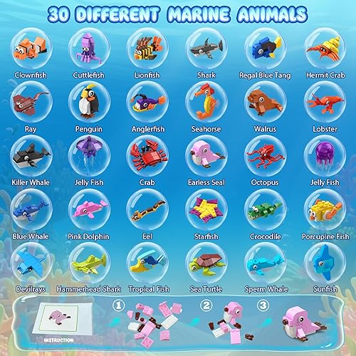 Miniatura 4 de HOGOKIDS Paquete de 30 recuerdos de fiesta de animales para niños, 824 piezas de bloques de construcción de animales marinos para bolsas de regalo,